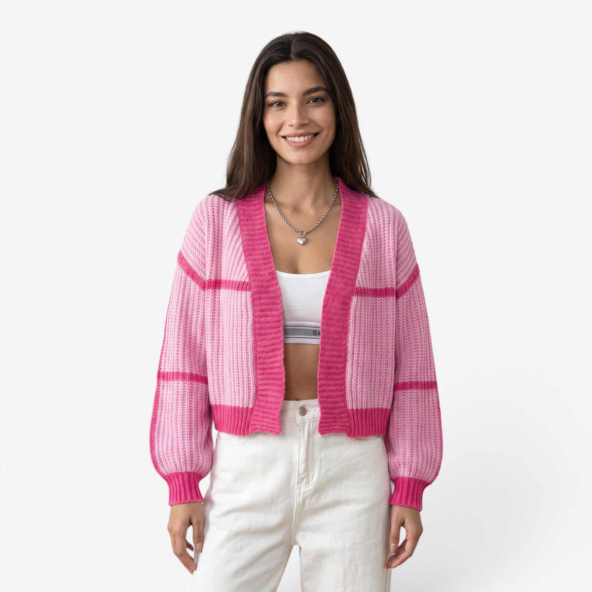 Cárdigan de Punto Corto Bicolor para Mujer