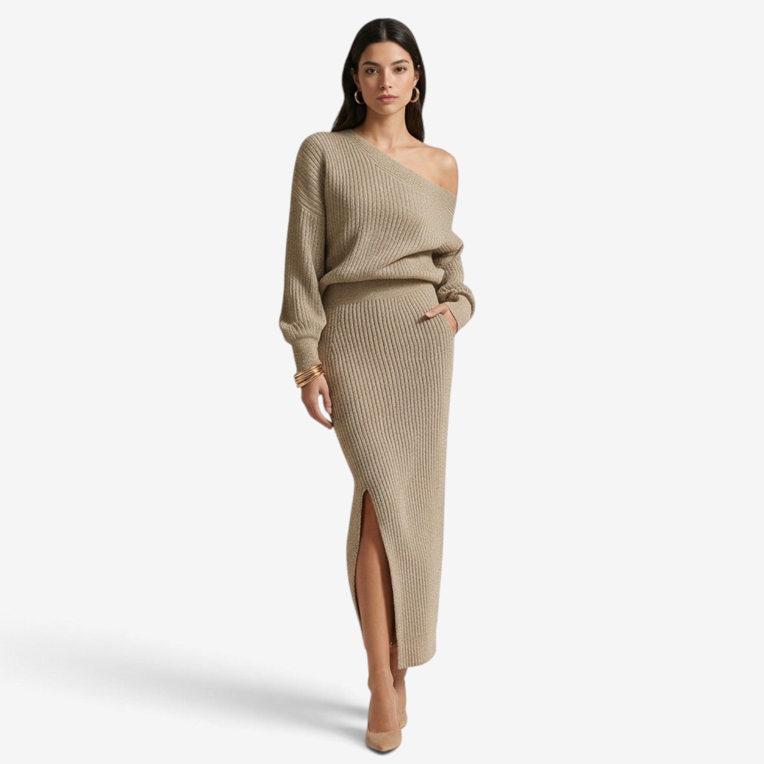 Conjunto de Punto Asimétrico con Falda Larga para Mujer