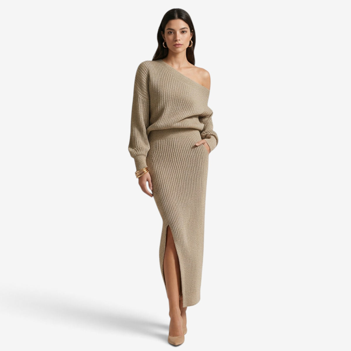 Conjunto de Punto Asimétrico con Falda Larga para Mujer
