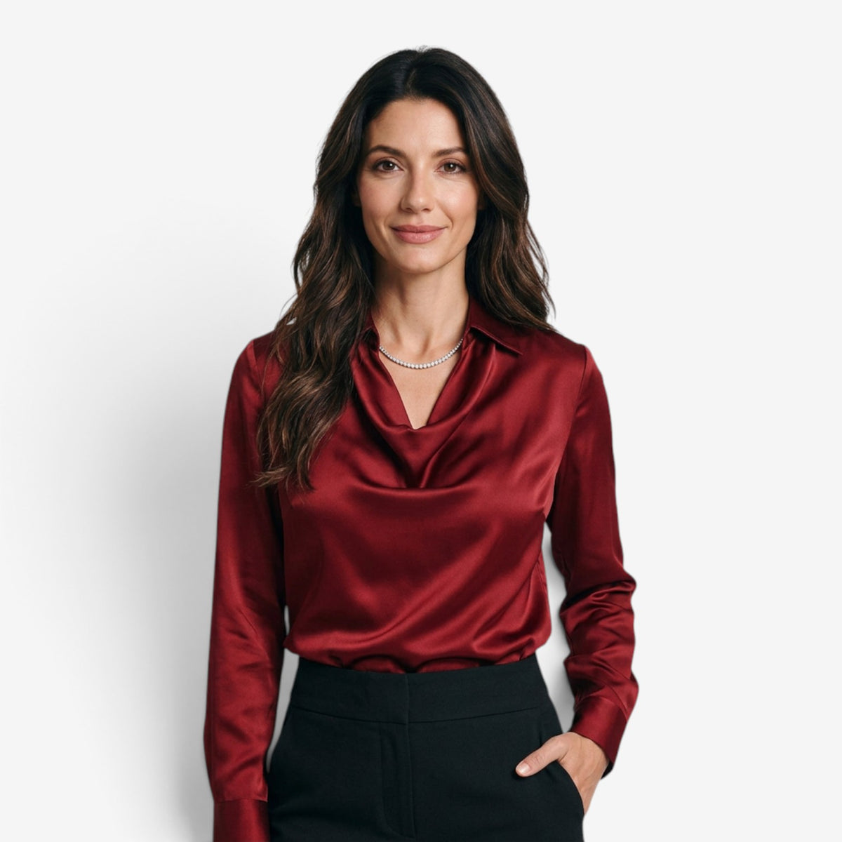 Blusa Satinada con Cuello Drapeado para Mujer