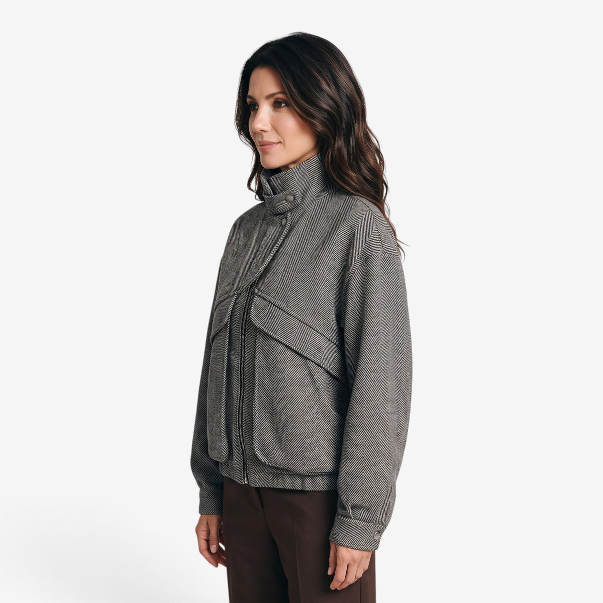 Chaqueta de Espiga con Cuello Alto para Mujer