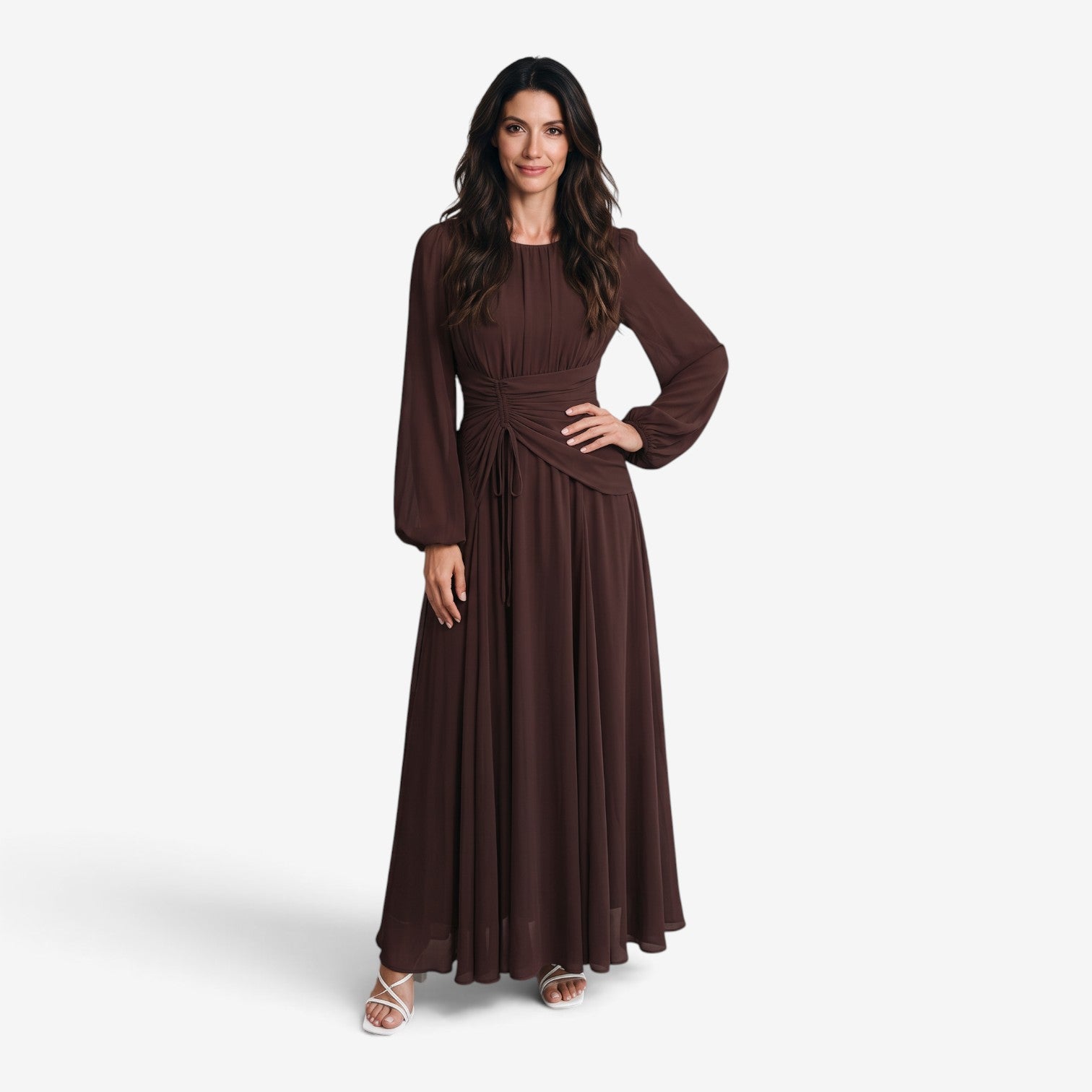 Vestido Largo Drapeado de Manga Larga para Mujer