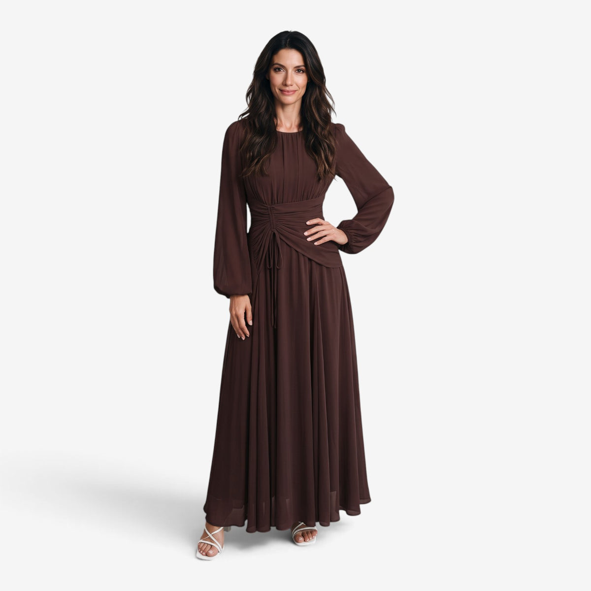 Vestido Largo Drapeado de Manga Larga para Mujer