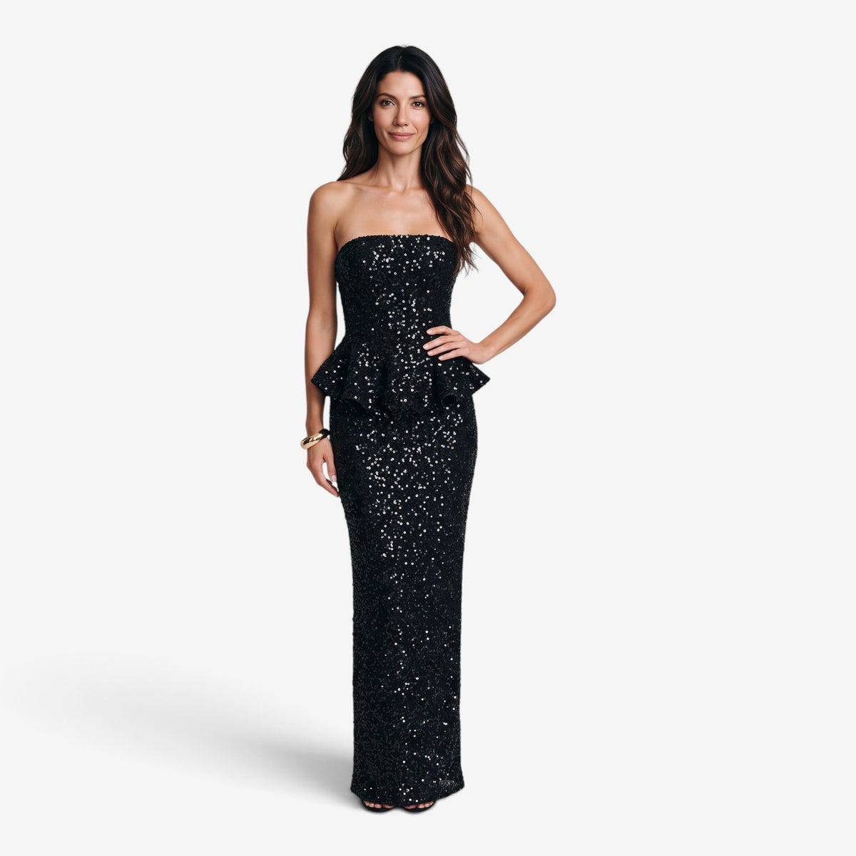 Vestido Largo de Lentejuelas con Péplum para Mujer