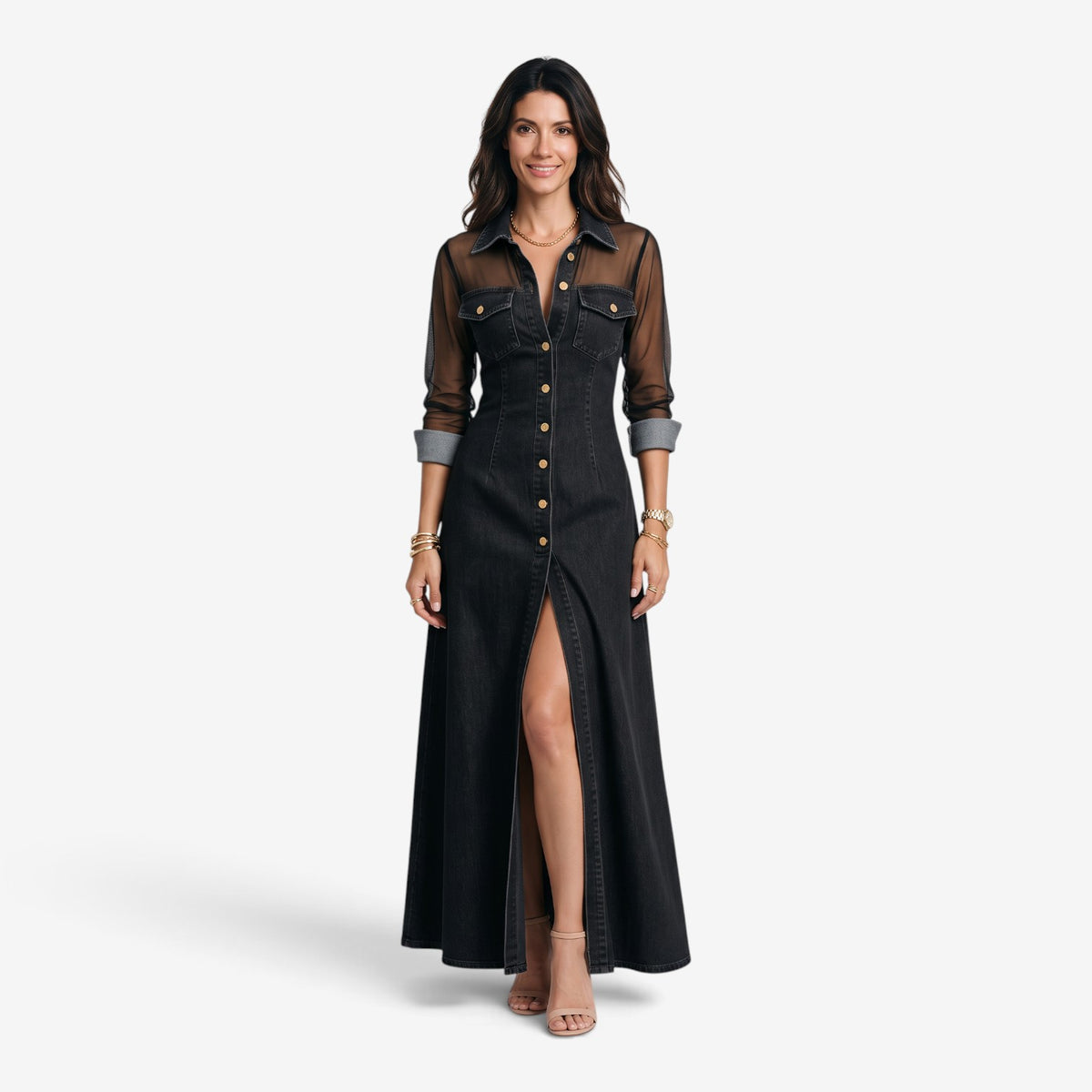 Vestido Vaquero Largo con Mangas Transparentes para Mujer