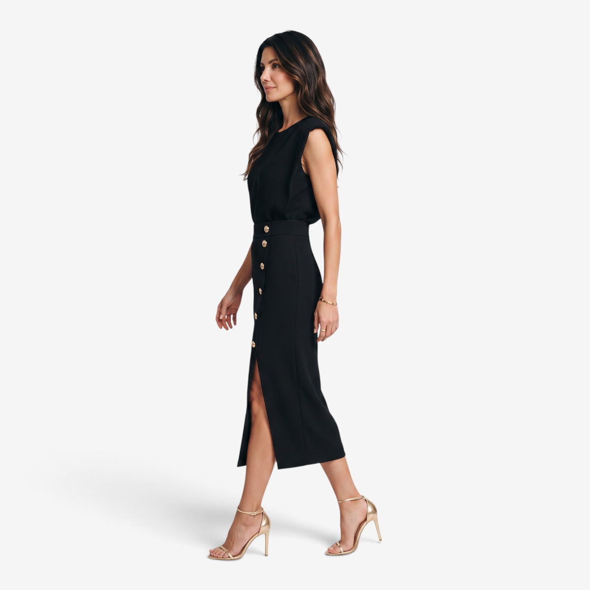 Vestido Midi con Botones Dorados para Mujer