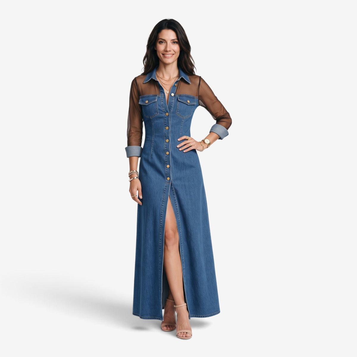 Vestido Vaquero Largo con Mangas Transparentes para Mujer
