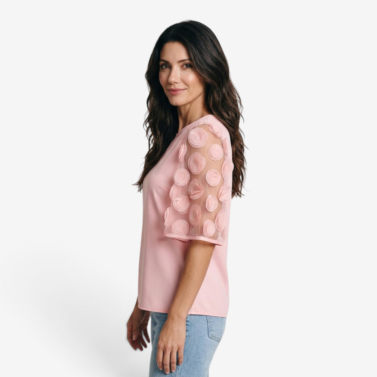 Blusa con Mangas de Tul y Apliques para Mujer
