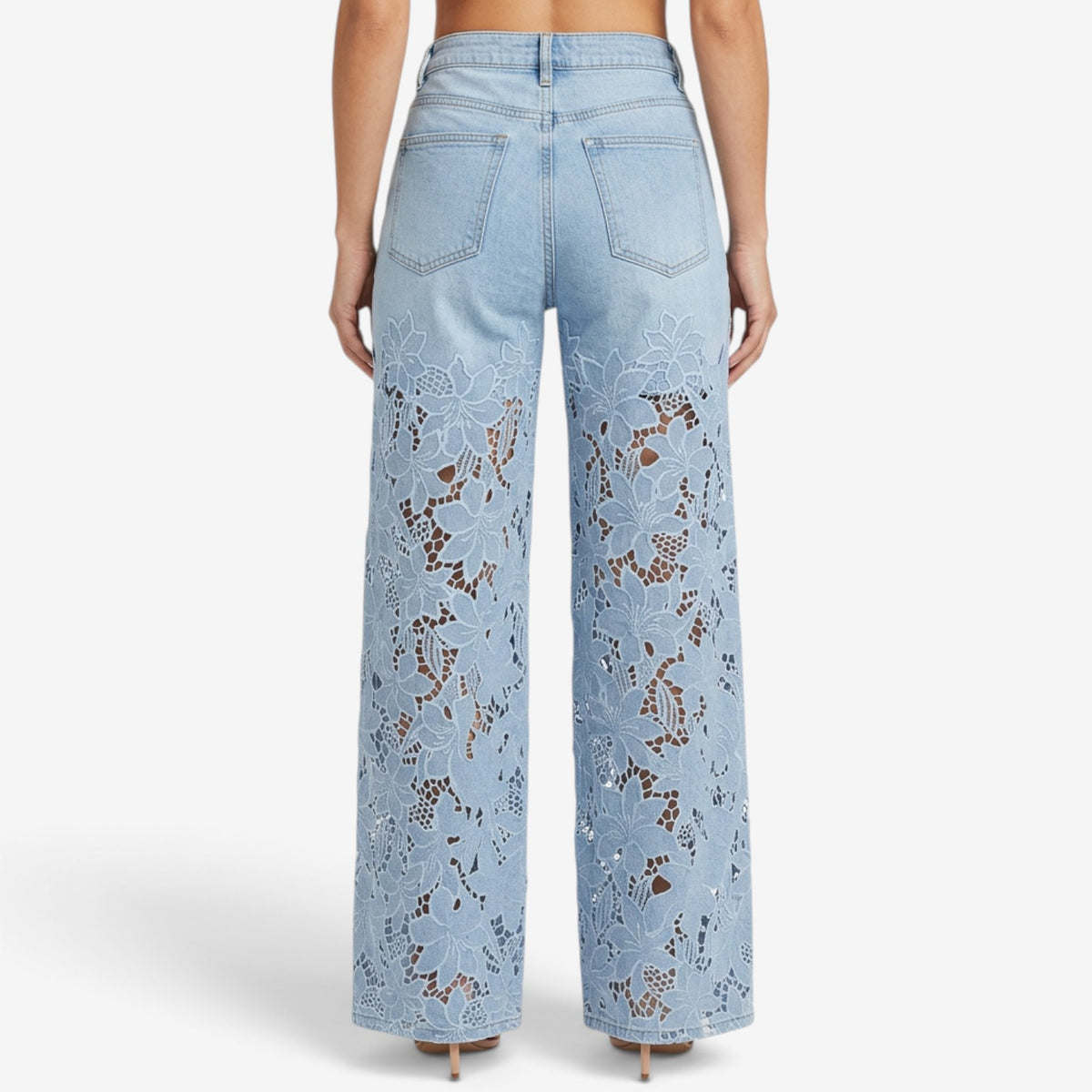 Vaqueros de Pierna Ancha con Encaje Floral para Mujer