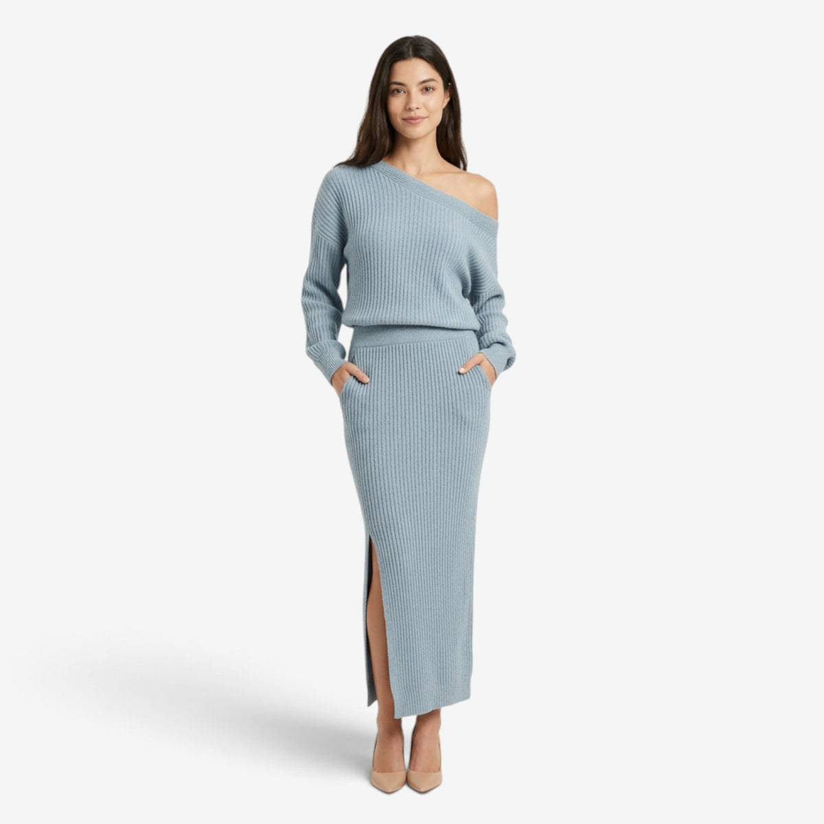 Conjunto de Punto Asimétrico con Falda Larga para Mujer