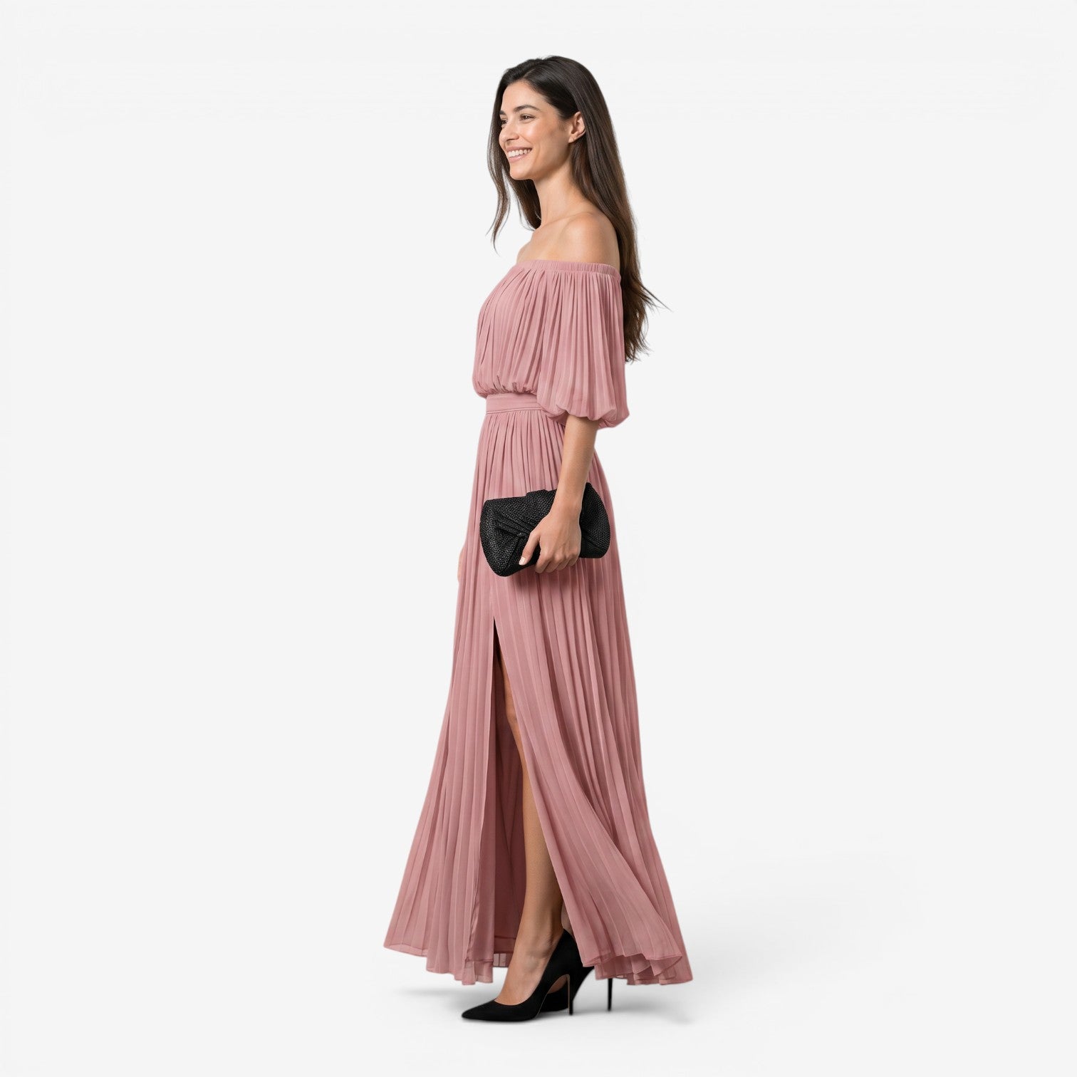 Vestido Maxi de Gasa con Hombros Descubiertos