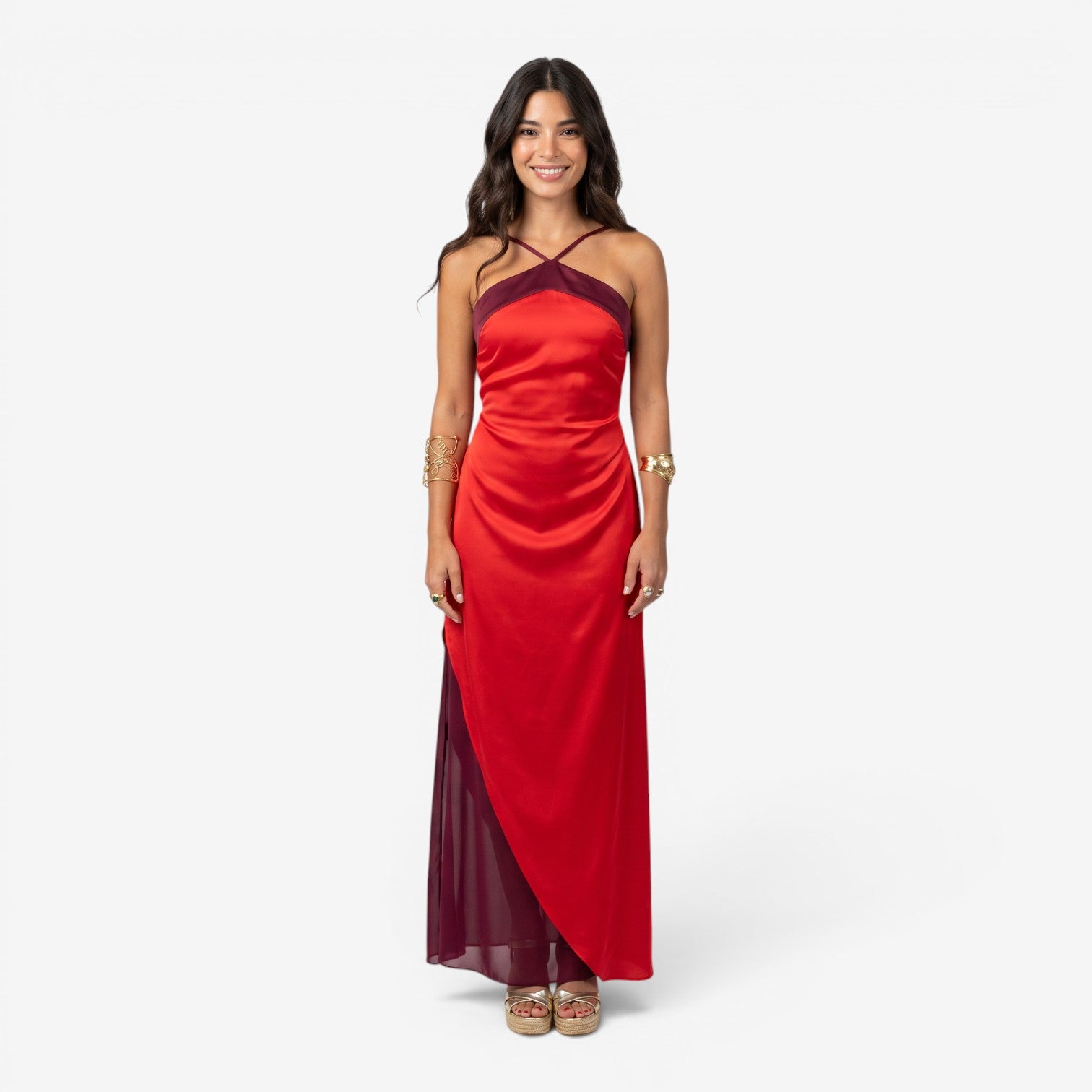 Vestido Maxi Halter Color Block sin Espalda