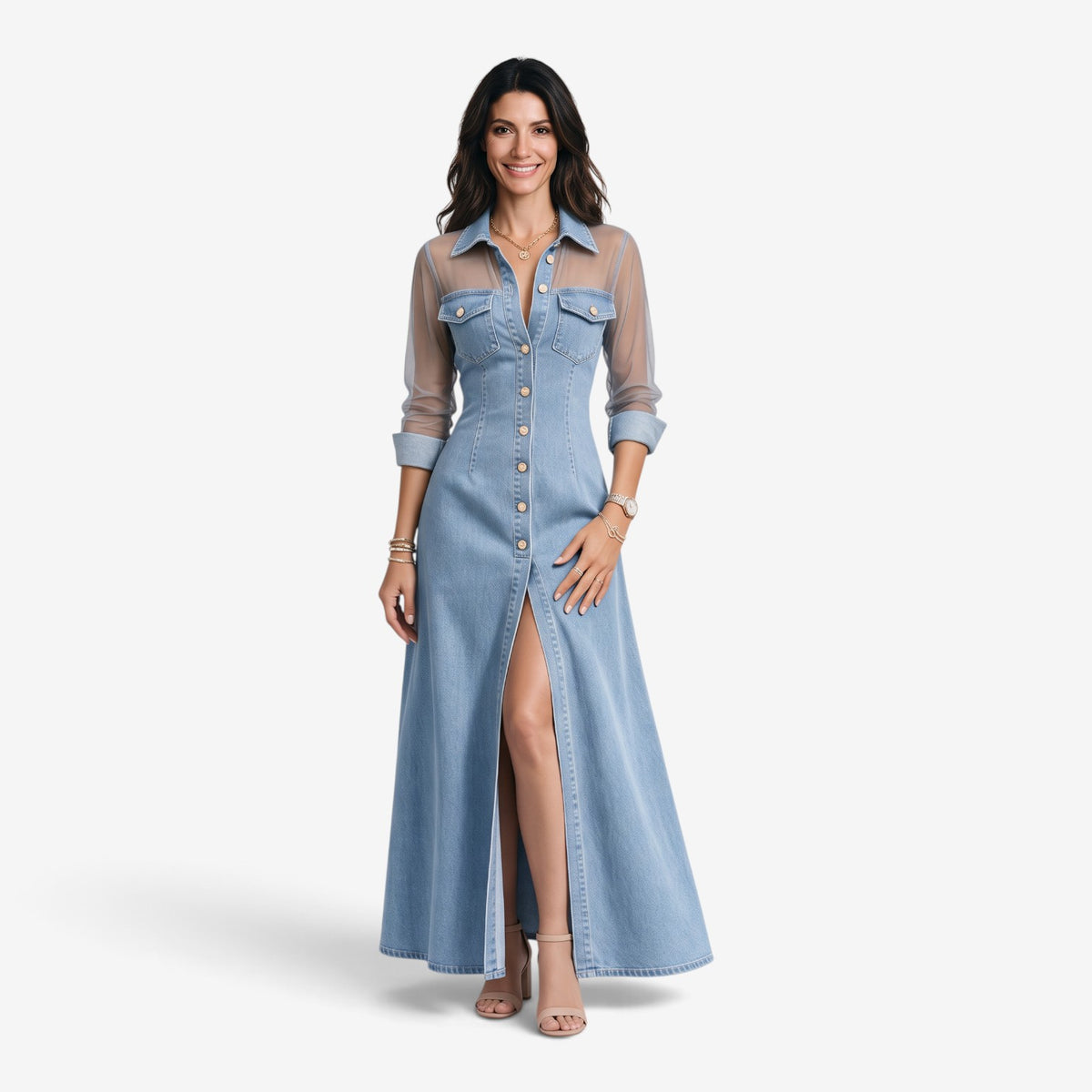 Vestido Vaquero Largo con Mangas Transparentes para Mujer
