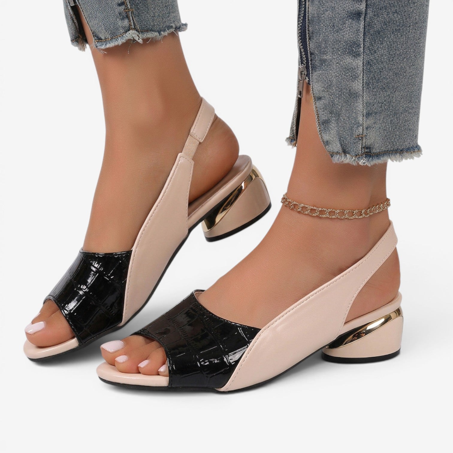 Sandalias Peep Toe de Tacón Ancho para Mujer