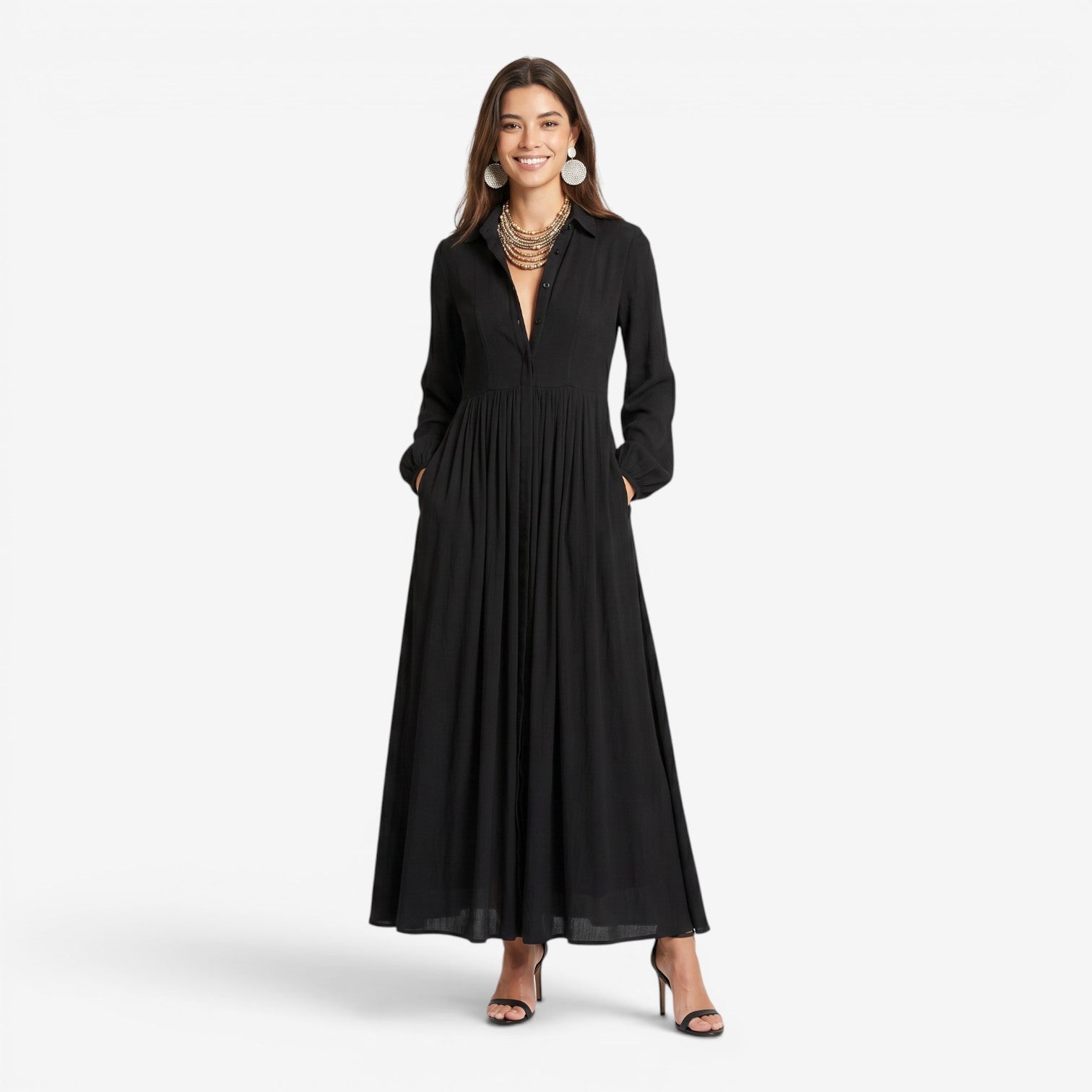 Vestido Plisado de Manga Larga Estilo Francés