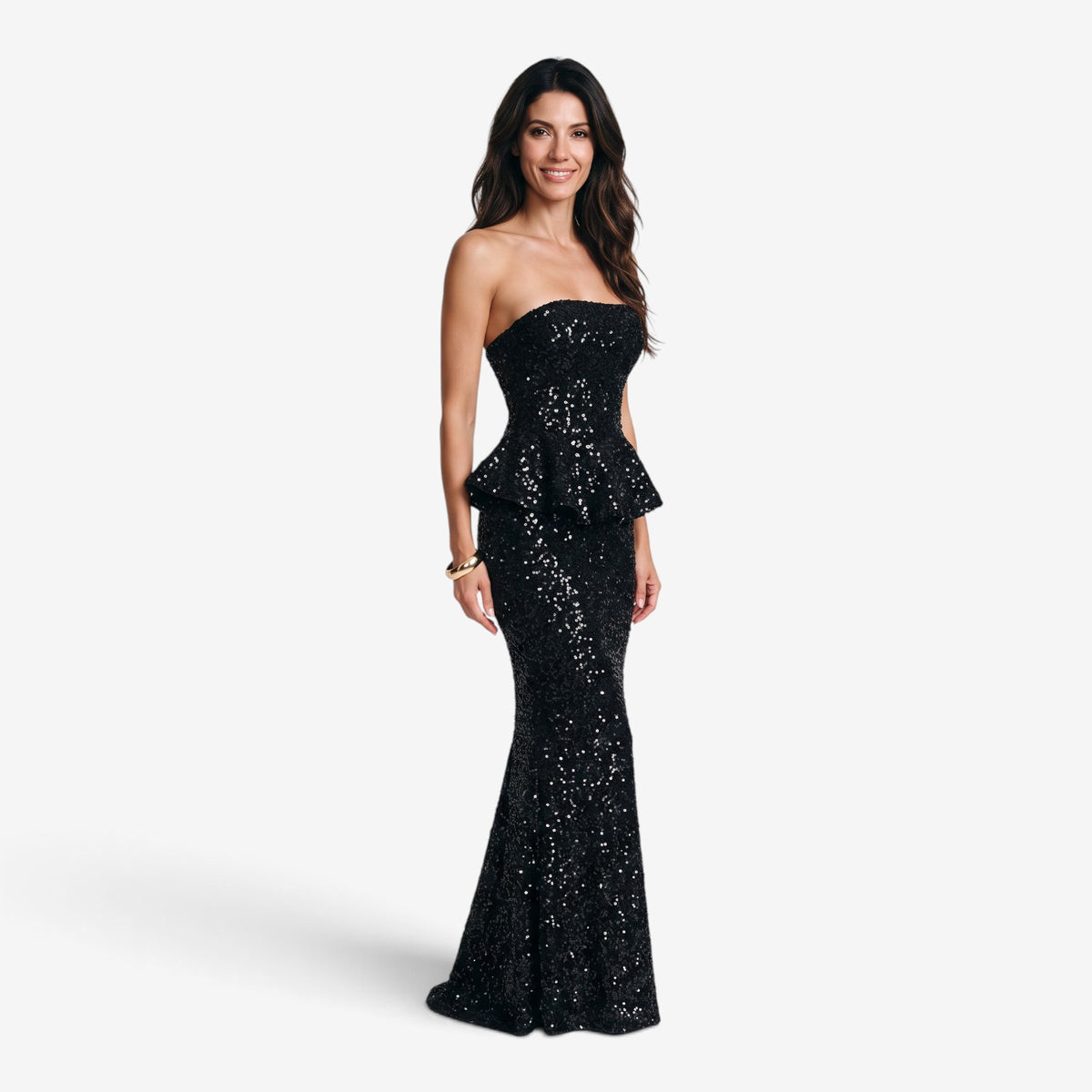 Vestido Largo de Lentejuelas con Péplum para Mujer