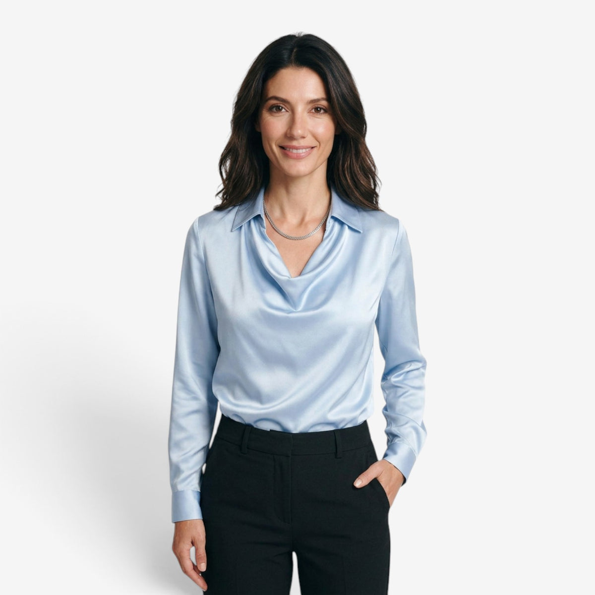 Blusa Satinada con Cuello Drapeado para Mujer