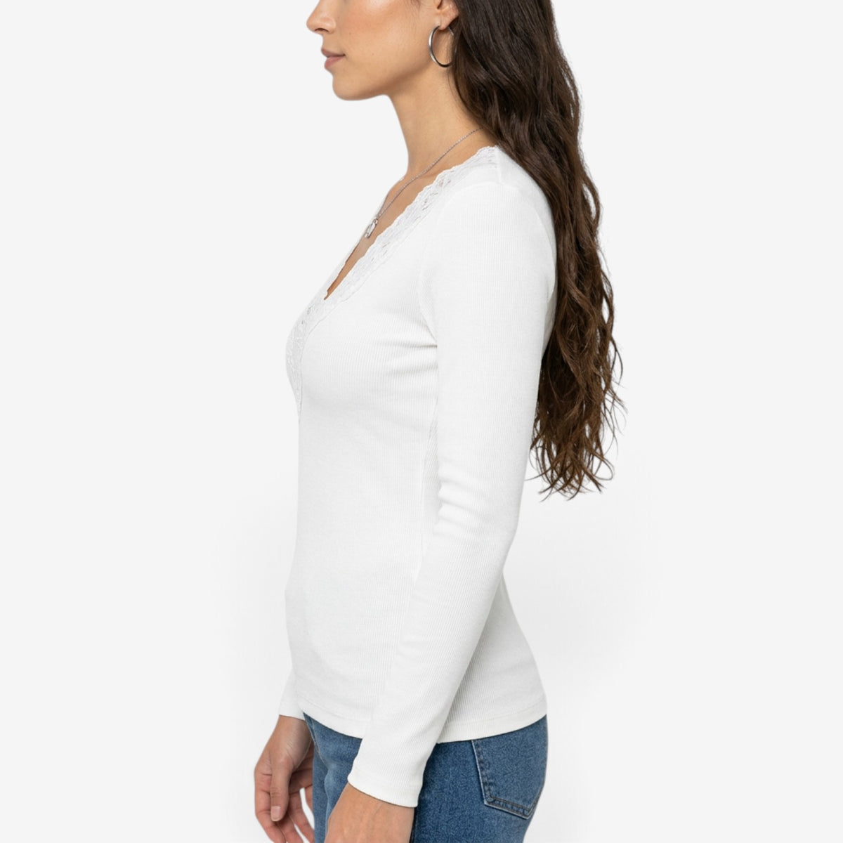Top de Manga Larga con Escote de Encaje para Mujer