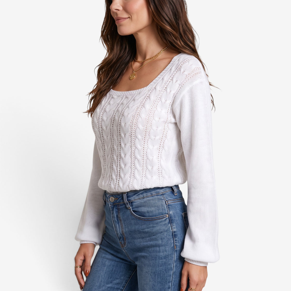 Jersey de Punto Trenzado con Escote Cuadrado para Mujer