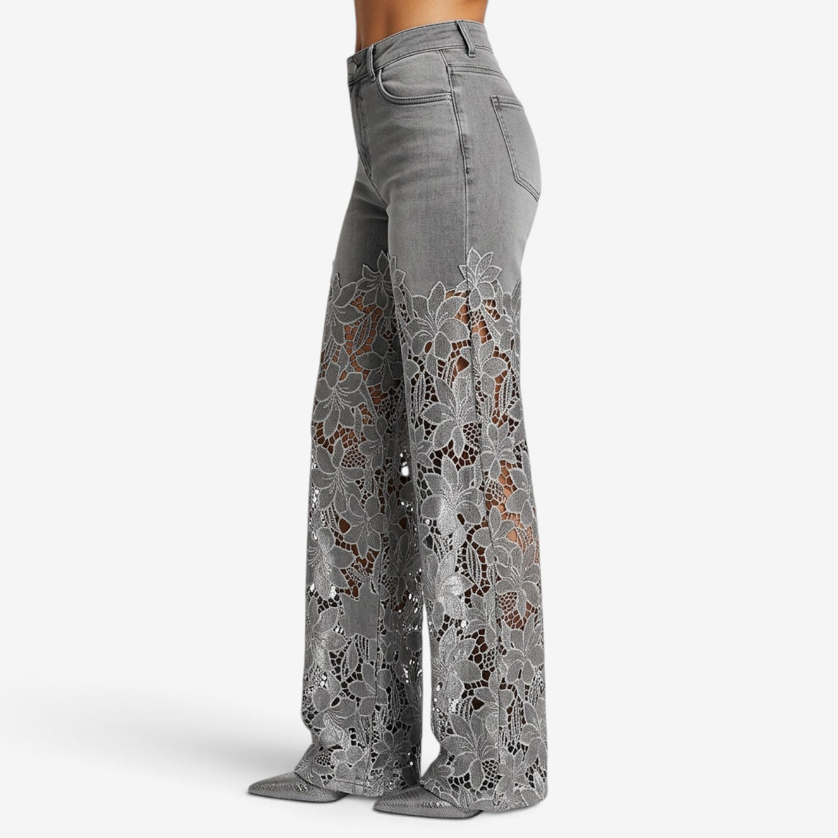 Vaqueros de Pierna Ancha con Encaje Floral para Mujer