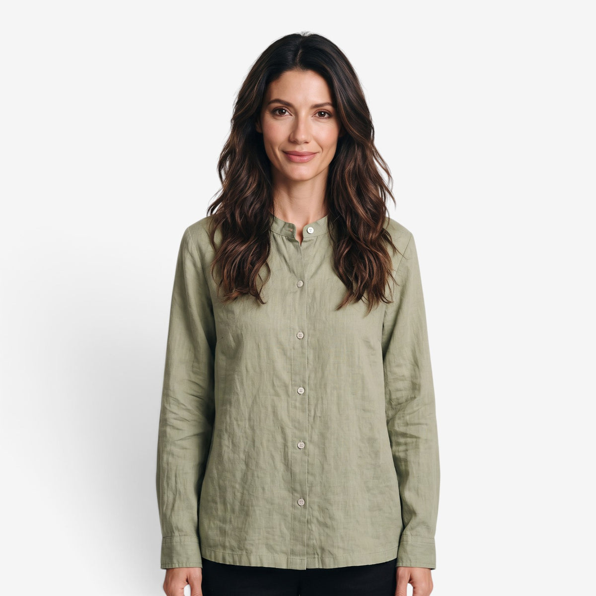 Blusa de Lino y Algodón con Cuello Mao para Mujer
