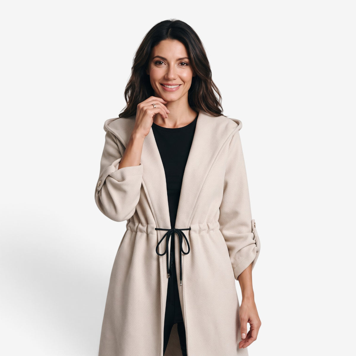 Abrigo Largo con Capucha y Cintura Ajustable para Mujer