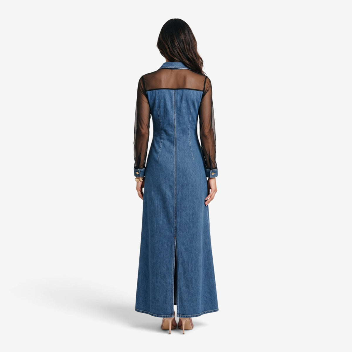 Vestido Vaquero Largo con Mangas Transparentes para Mujer