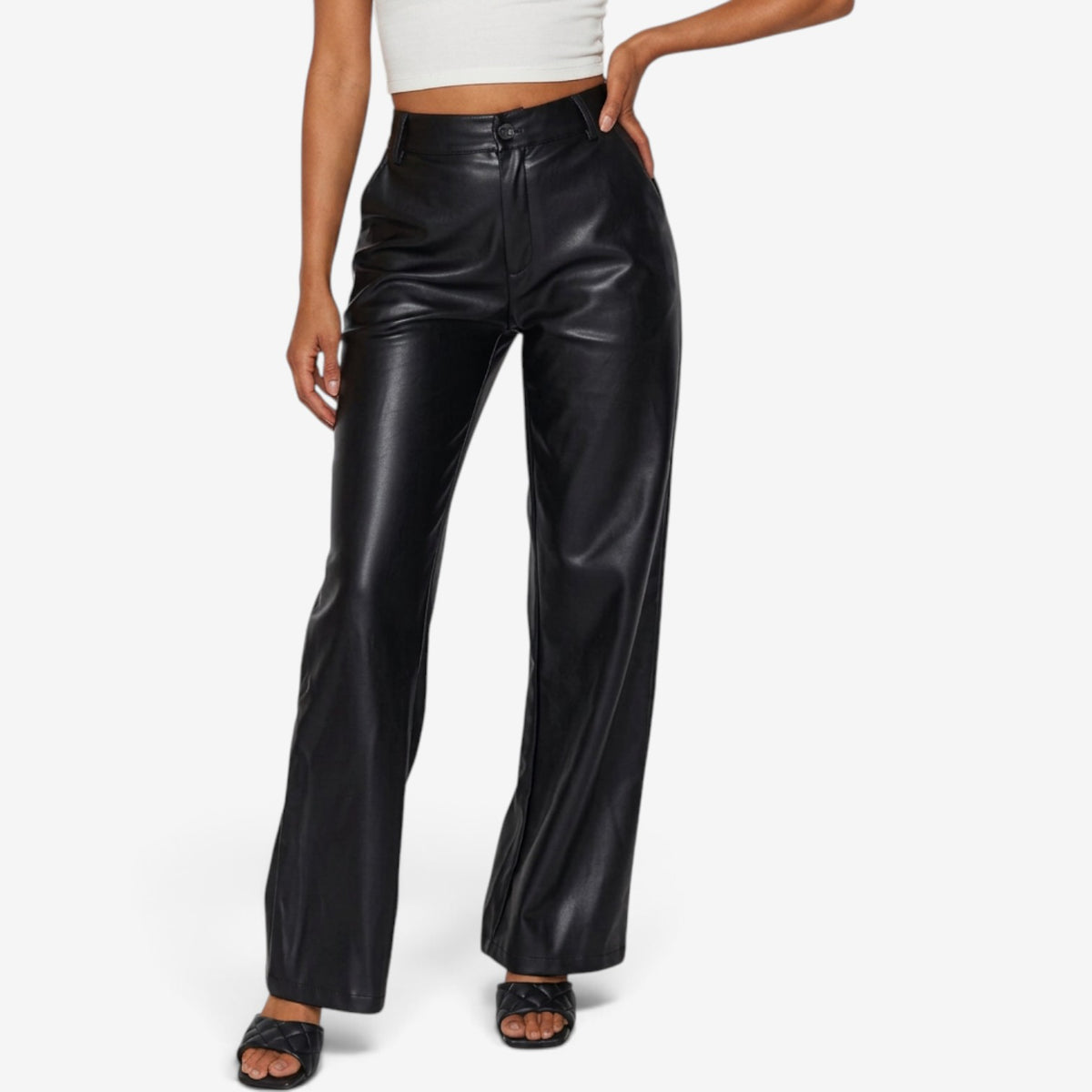 Pantalón de Cuero de Pierna Ancha para Mujer