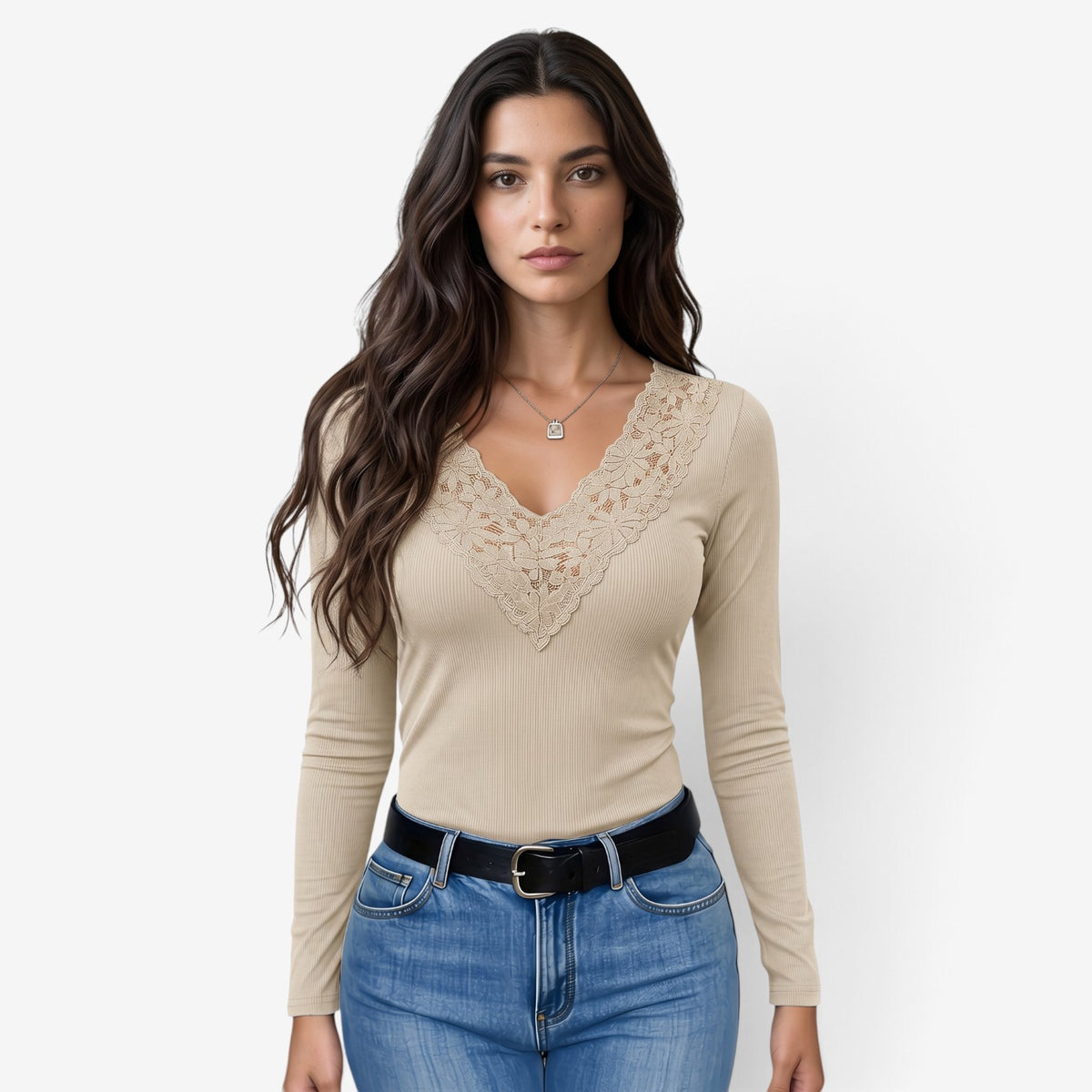 Top de Manga Larga con Escote de Encaje para Mujer