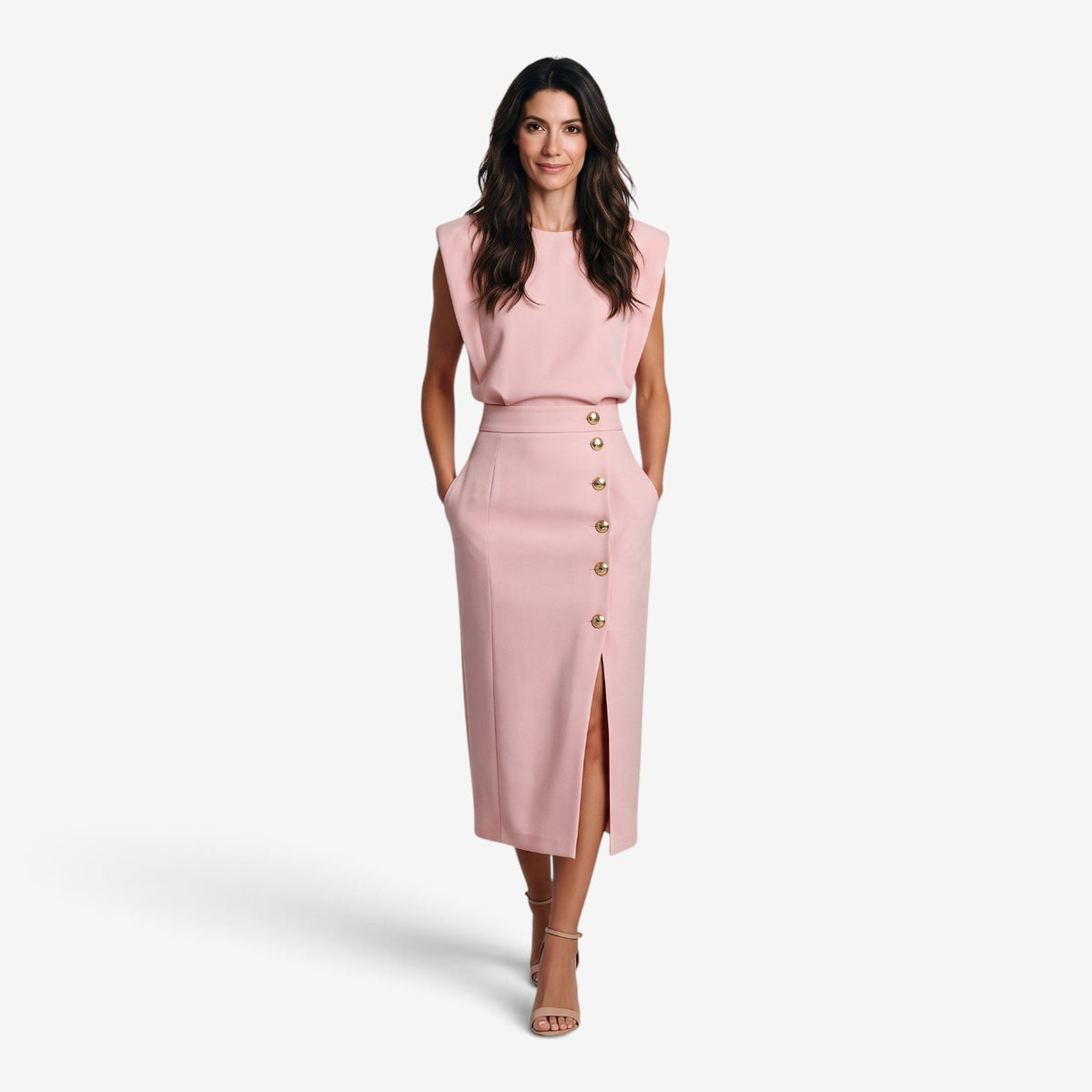 Vestido Midi con Botones Dorados para Mujer