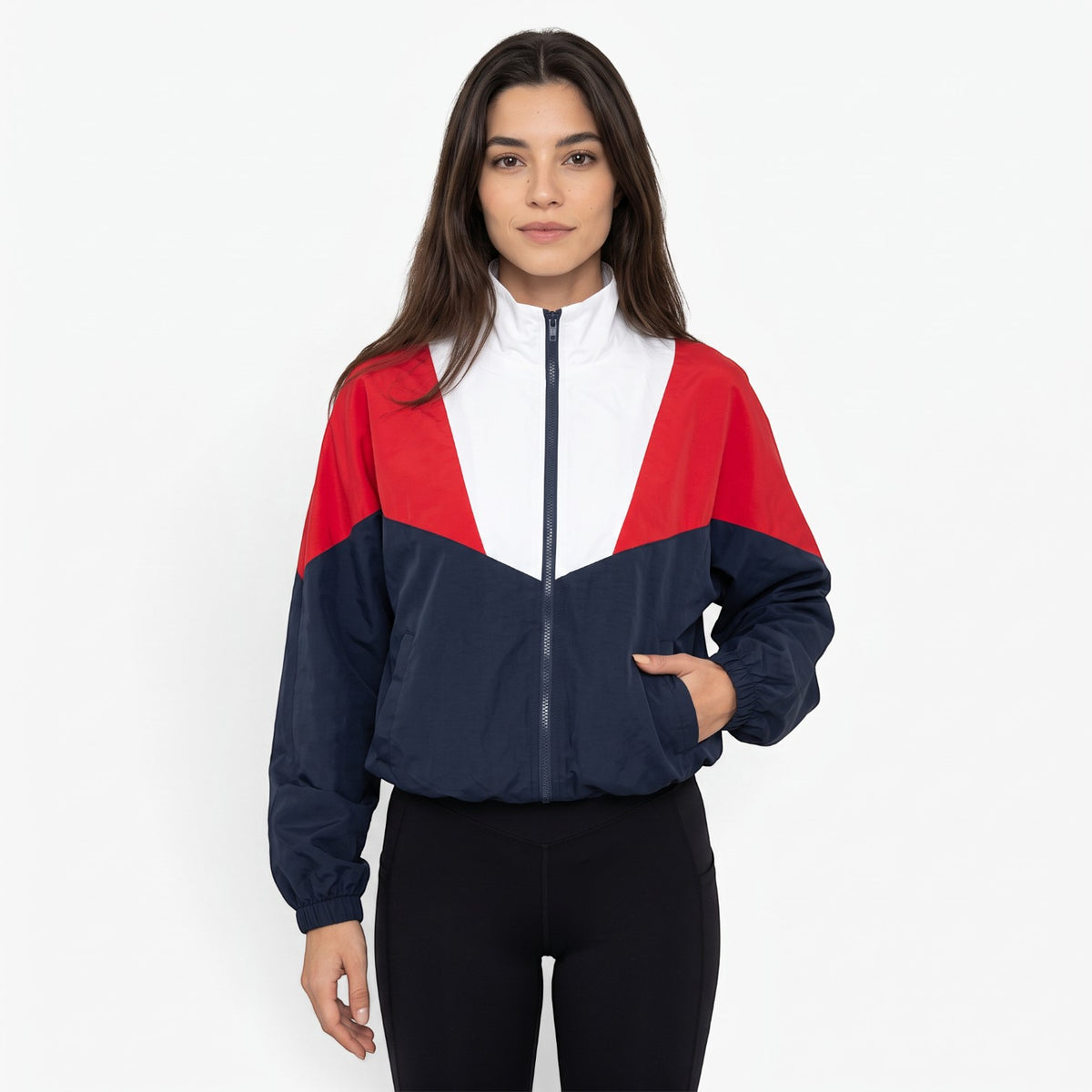 Chaqueta Color Block con Cuello Alto para Mujer