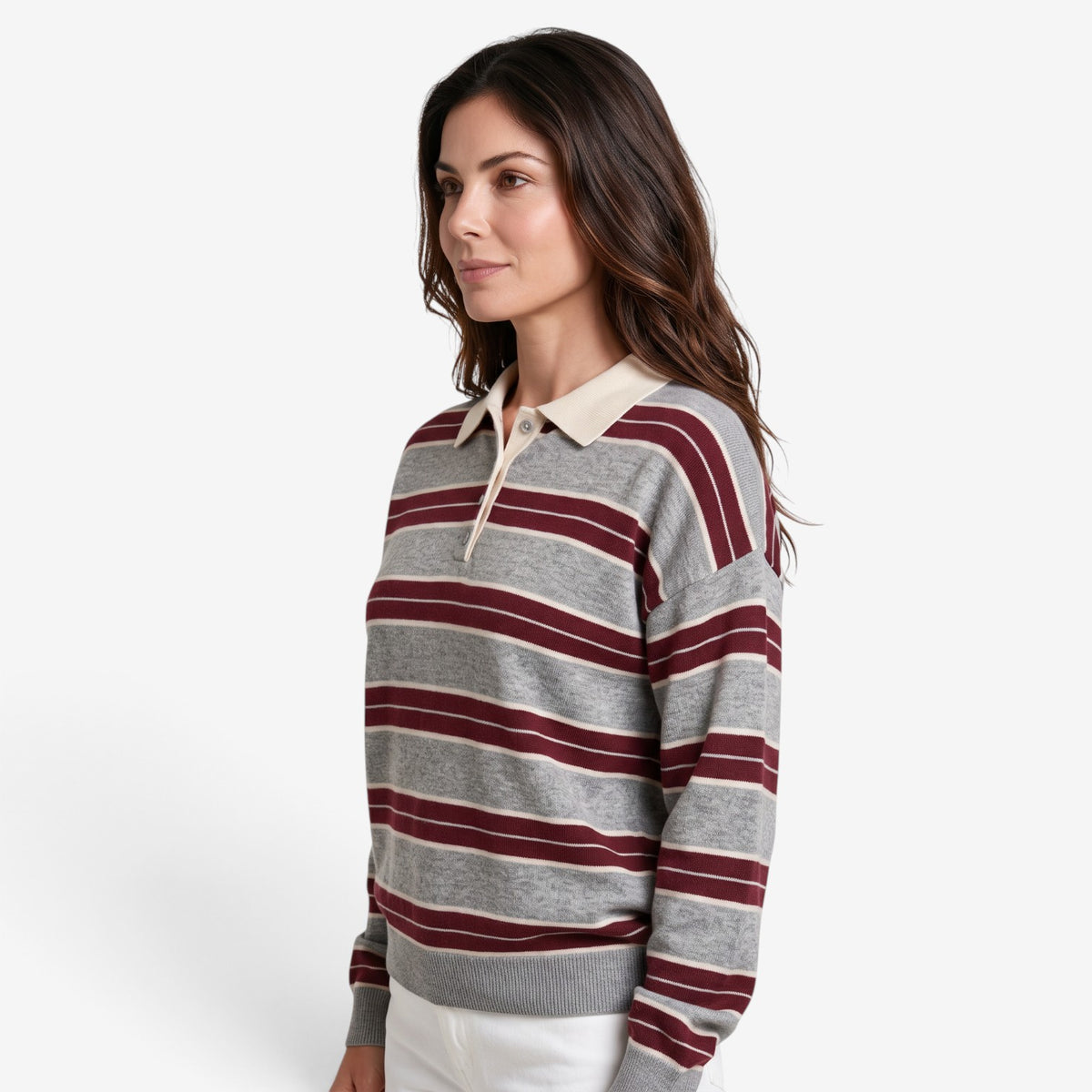 Jersey de Punto a Rayas con Cuello Polo para Mujer