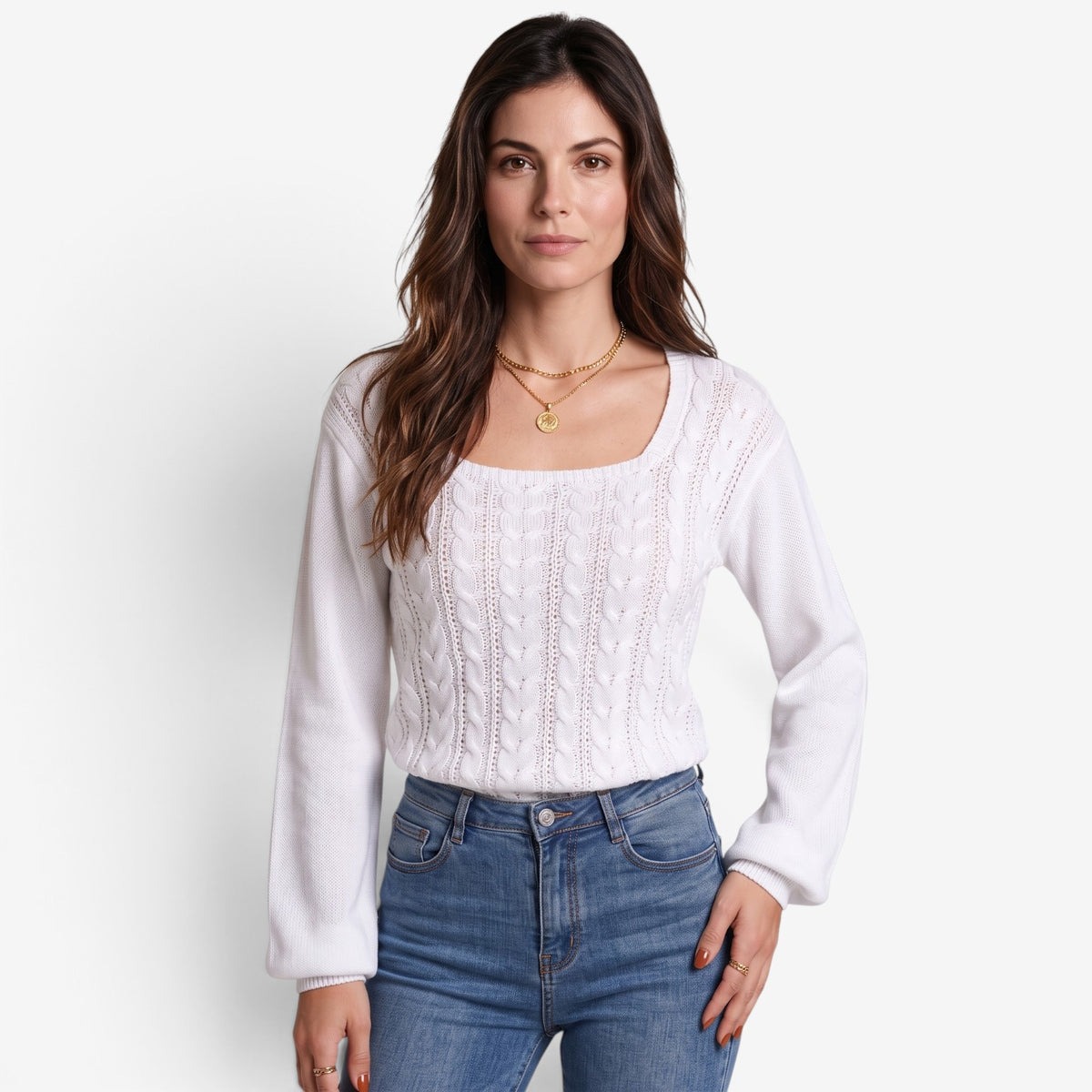 Jersey de Punto Trenzado con Escote Cuadrado para Mujer