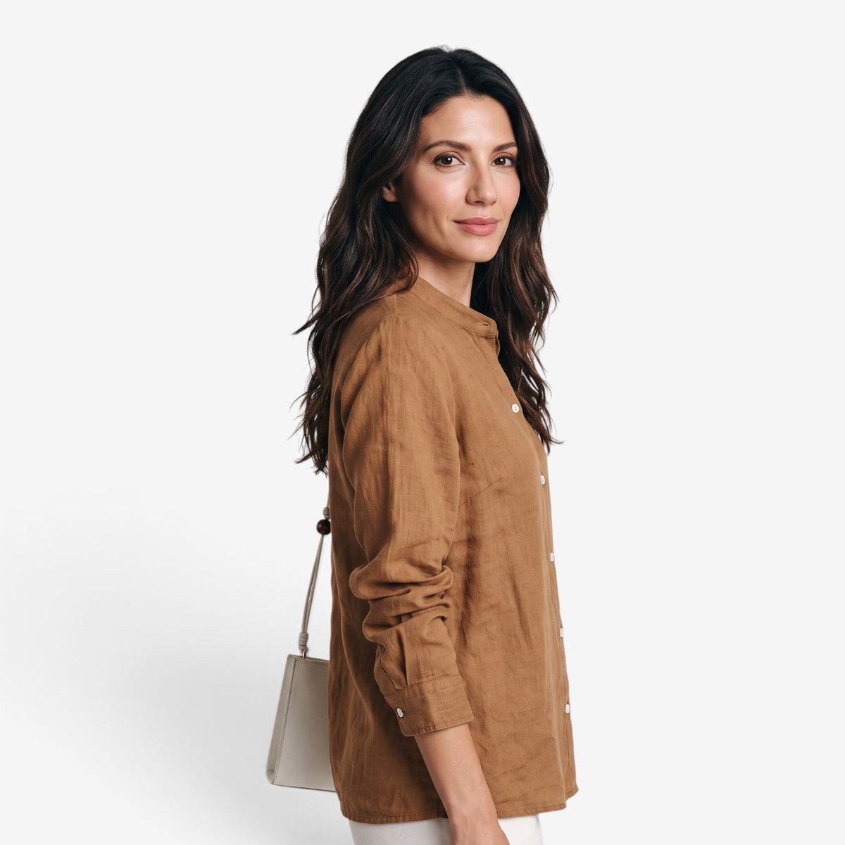 Blusa de Lino y Algodón con Cuello Mao para Mujer