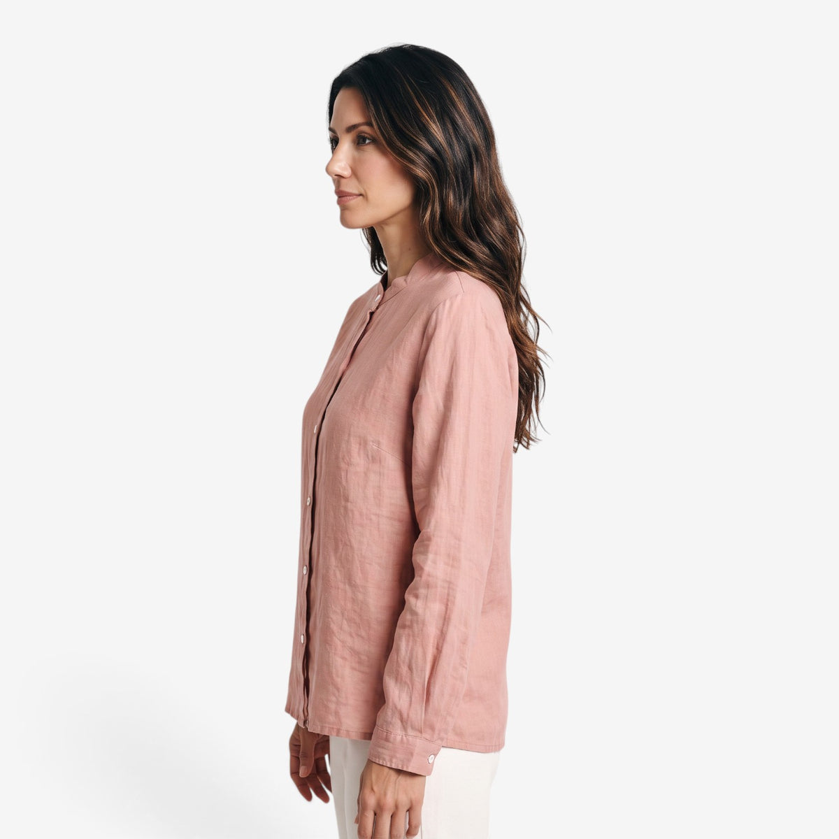 Blusa de Lino y Algodón con Cuello Mao para Mujer