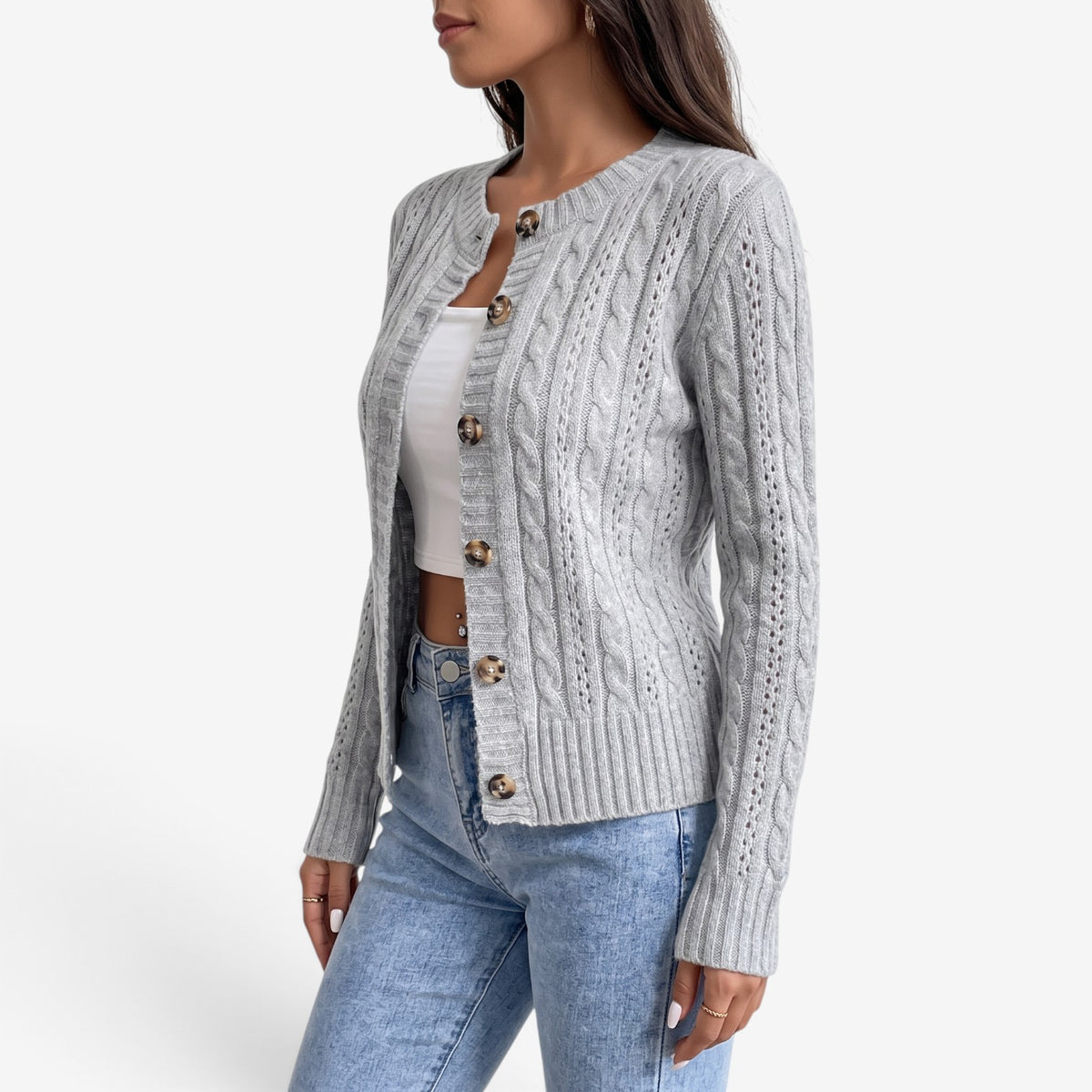 Cárdigan de Punto Trenzado con Botones para Mujer