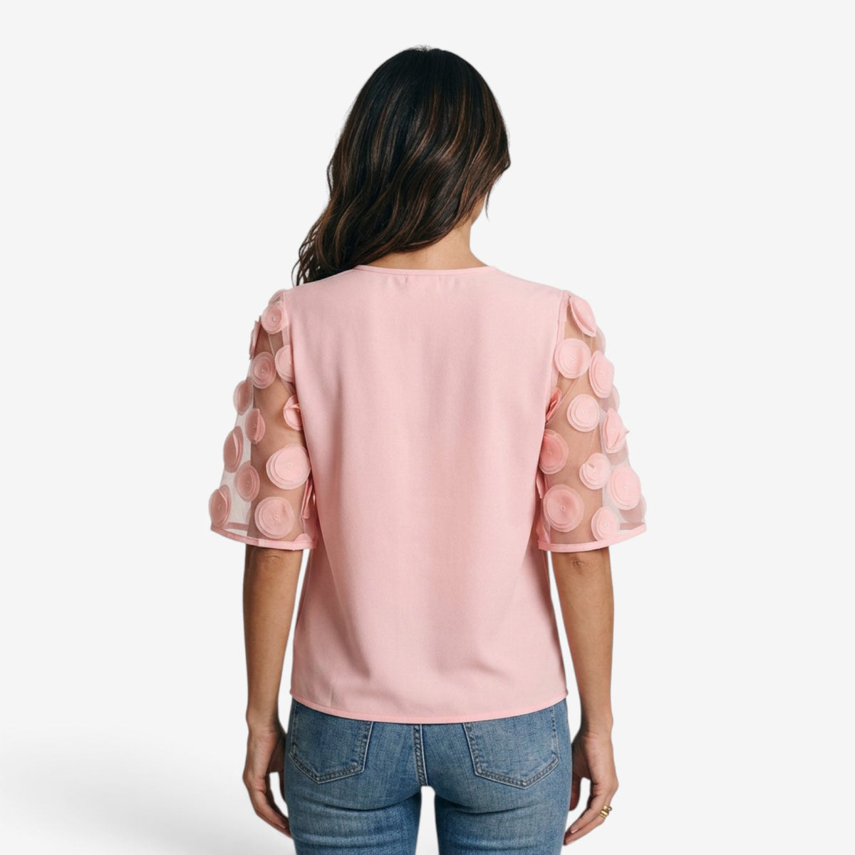 Blusa con Mangas de Tul y Apliques para Mujer