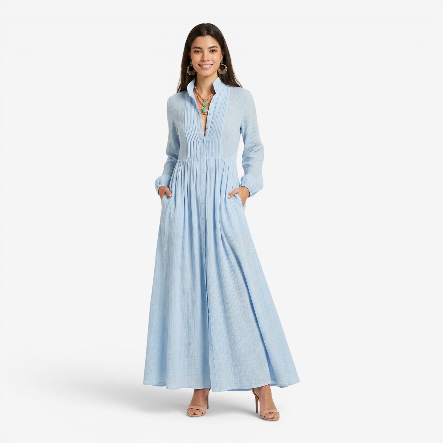 Vestido Plisado de Manga Larga Estilo Francés
