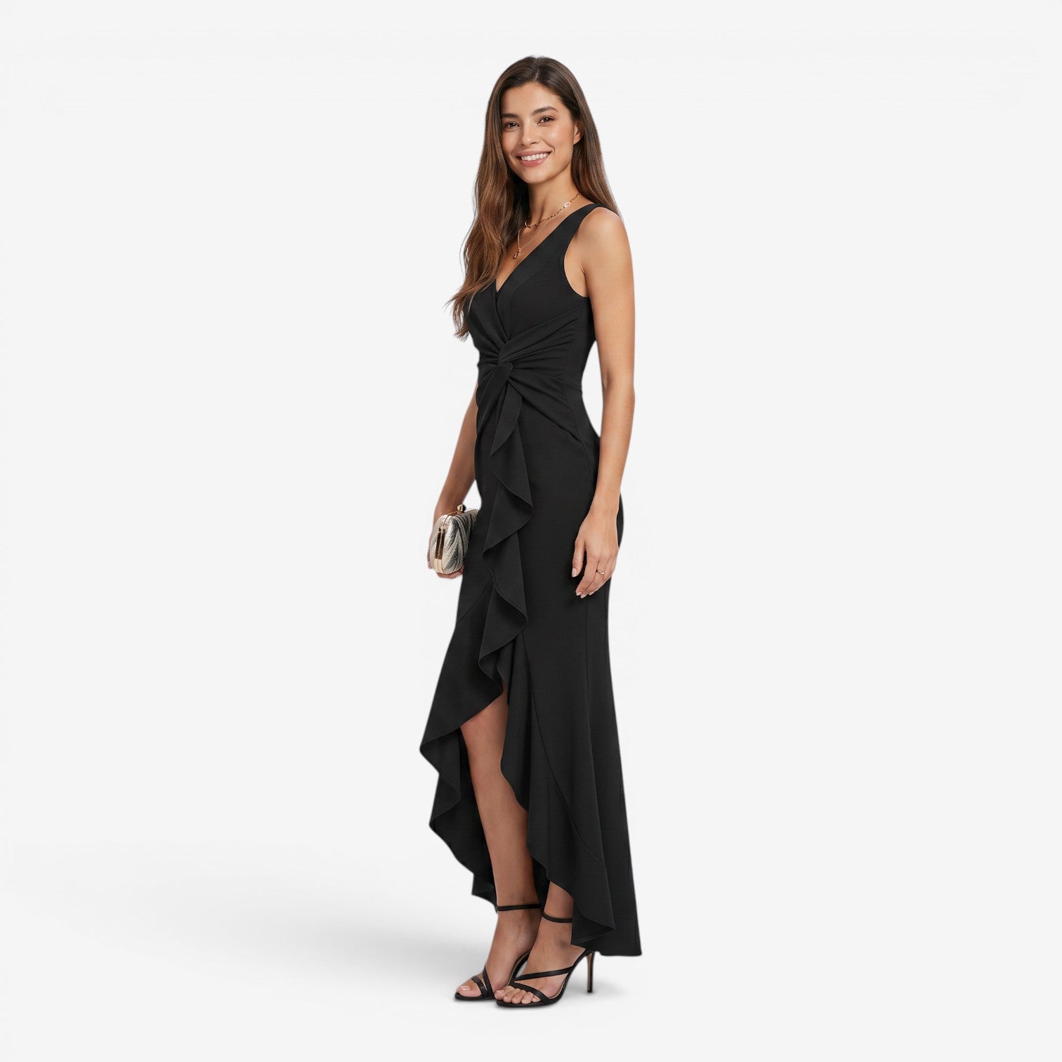 Vestido Largo con Escote en V y Abertura Lateral