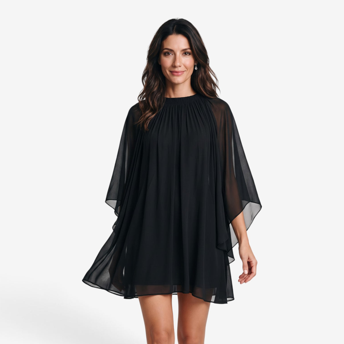 Vestido Corto Fluido con Mangas Murciélago para Mujer