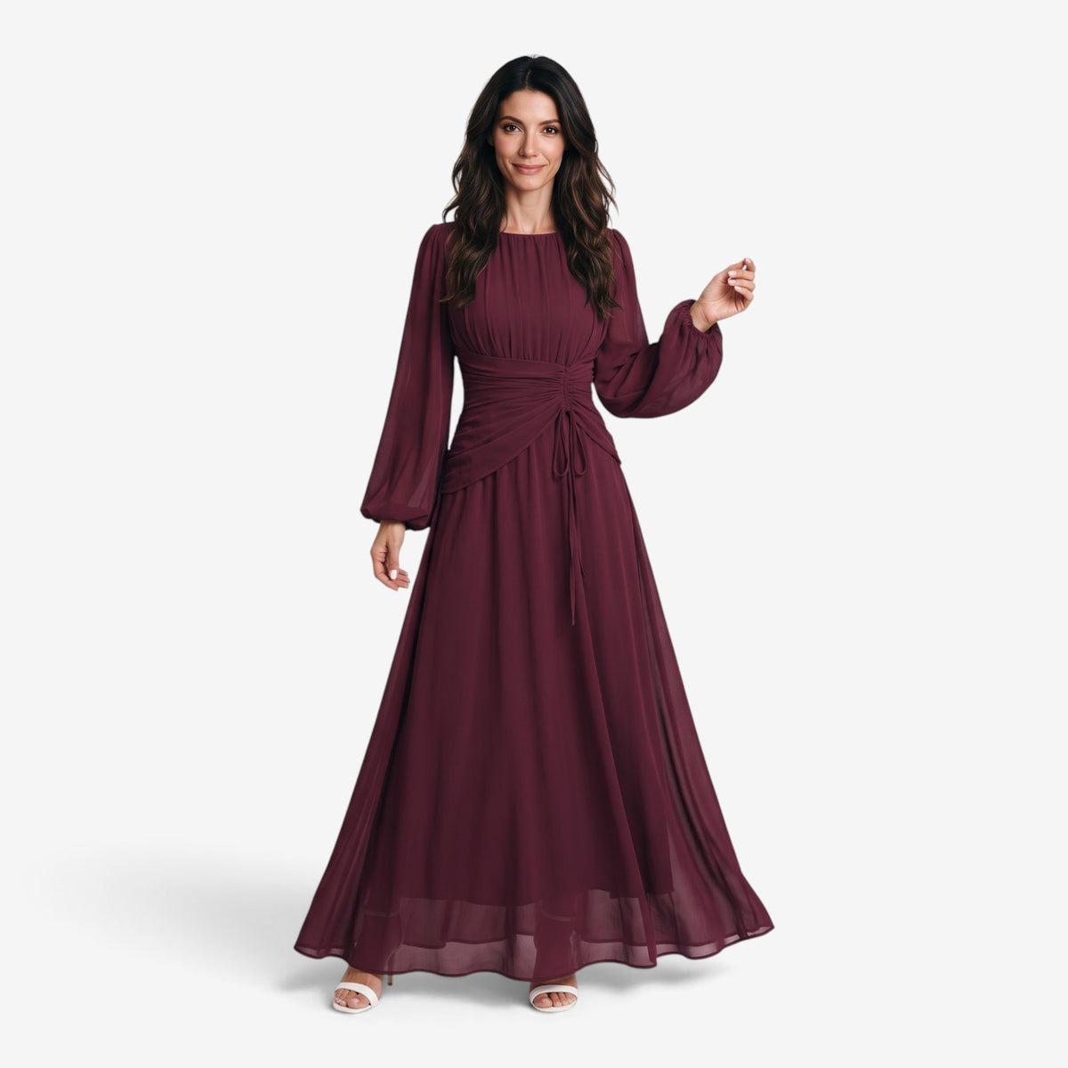 Vestido Largo Drapeado de Manga Larga para Mujer