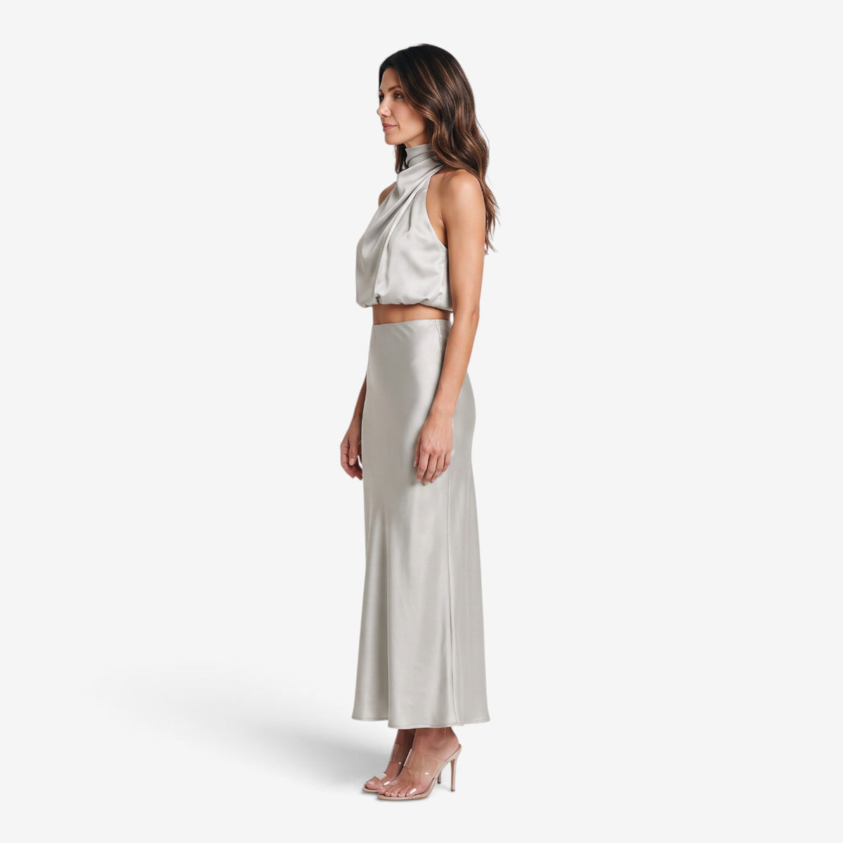 Conjunto Satinado de Top y Falda Larga para Mujer