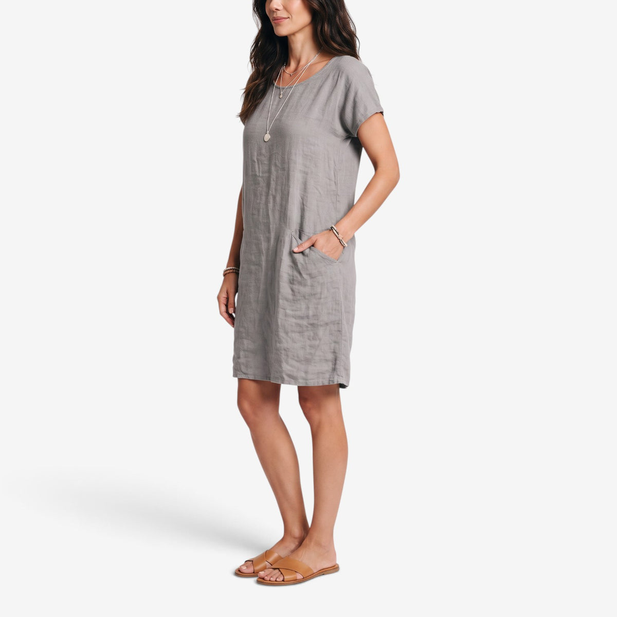 Vestido de Lino Holgado con Bolsillos para Mujer