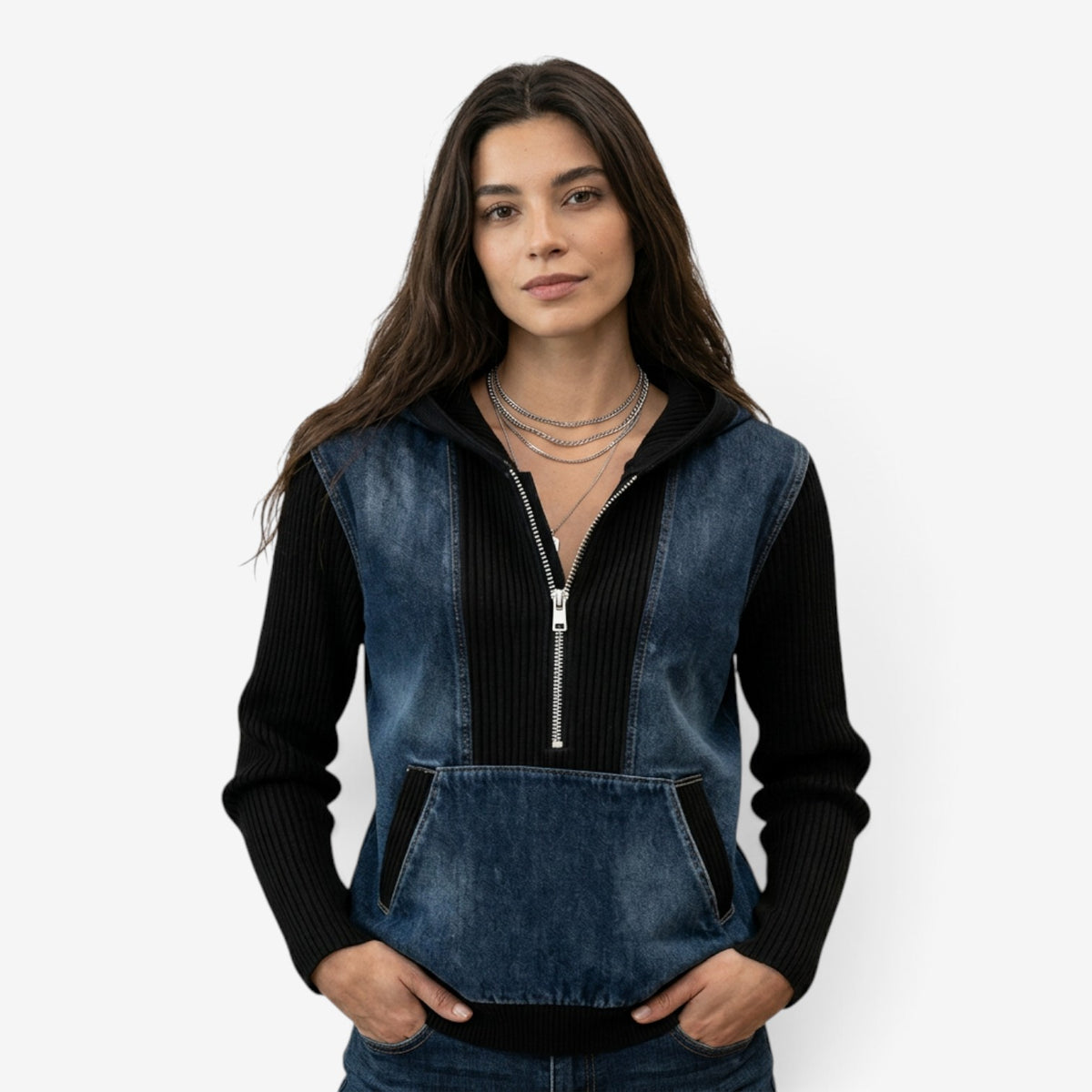 Sudadera Combinada con Capucha y Cremallera para Mujer