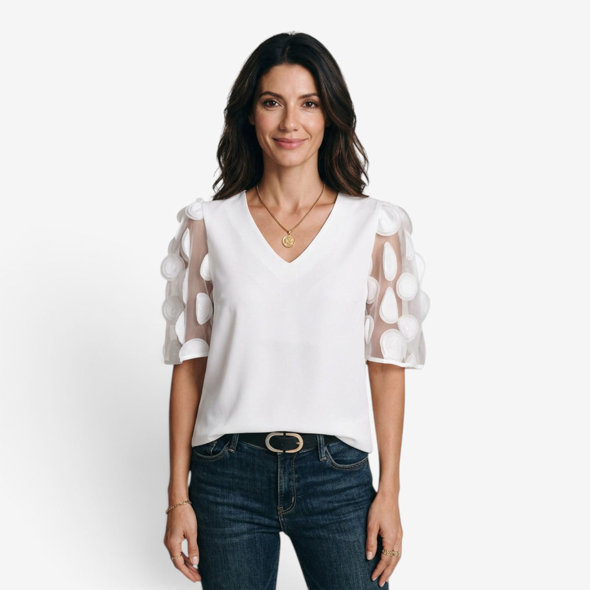 Blusa con Mangas de Tul y Apliques para Mujer