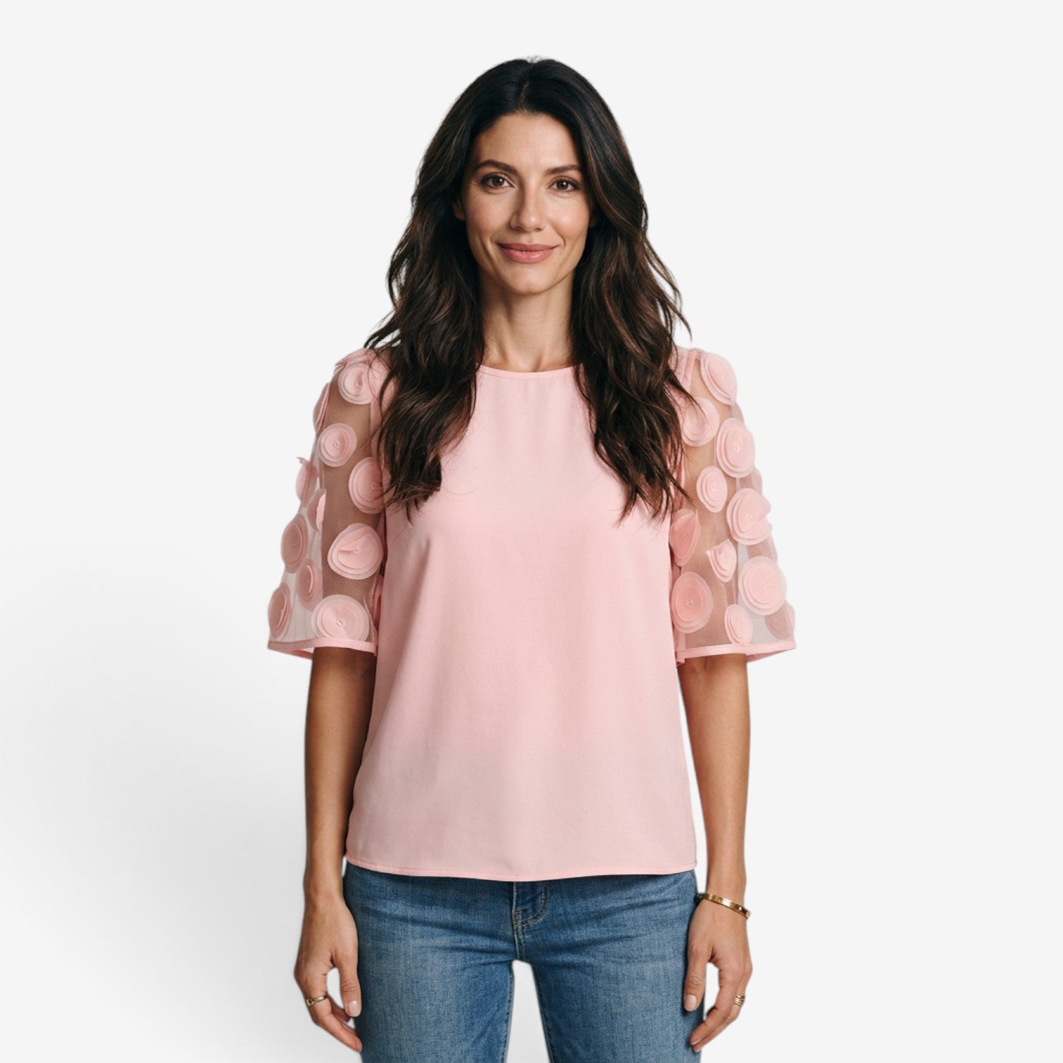 Blusa con Mangas de Tul y Apliques para Mujer