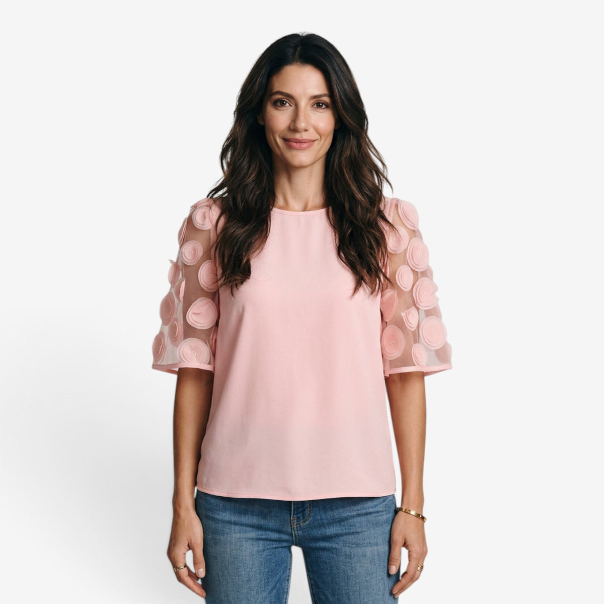 Blusa con Mangas de Tul y Apliques para Mujer