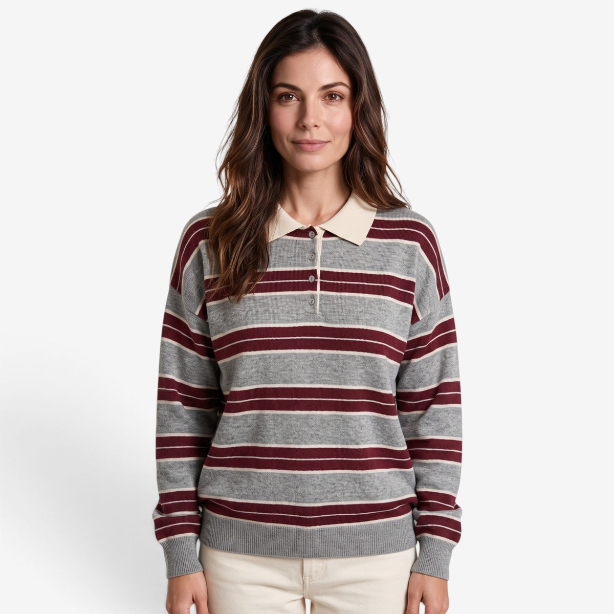 Jersey de Punto a Rayas con Cuello Polo para Mujer