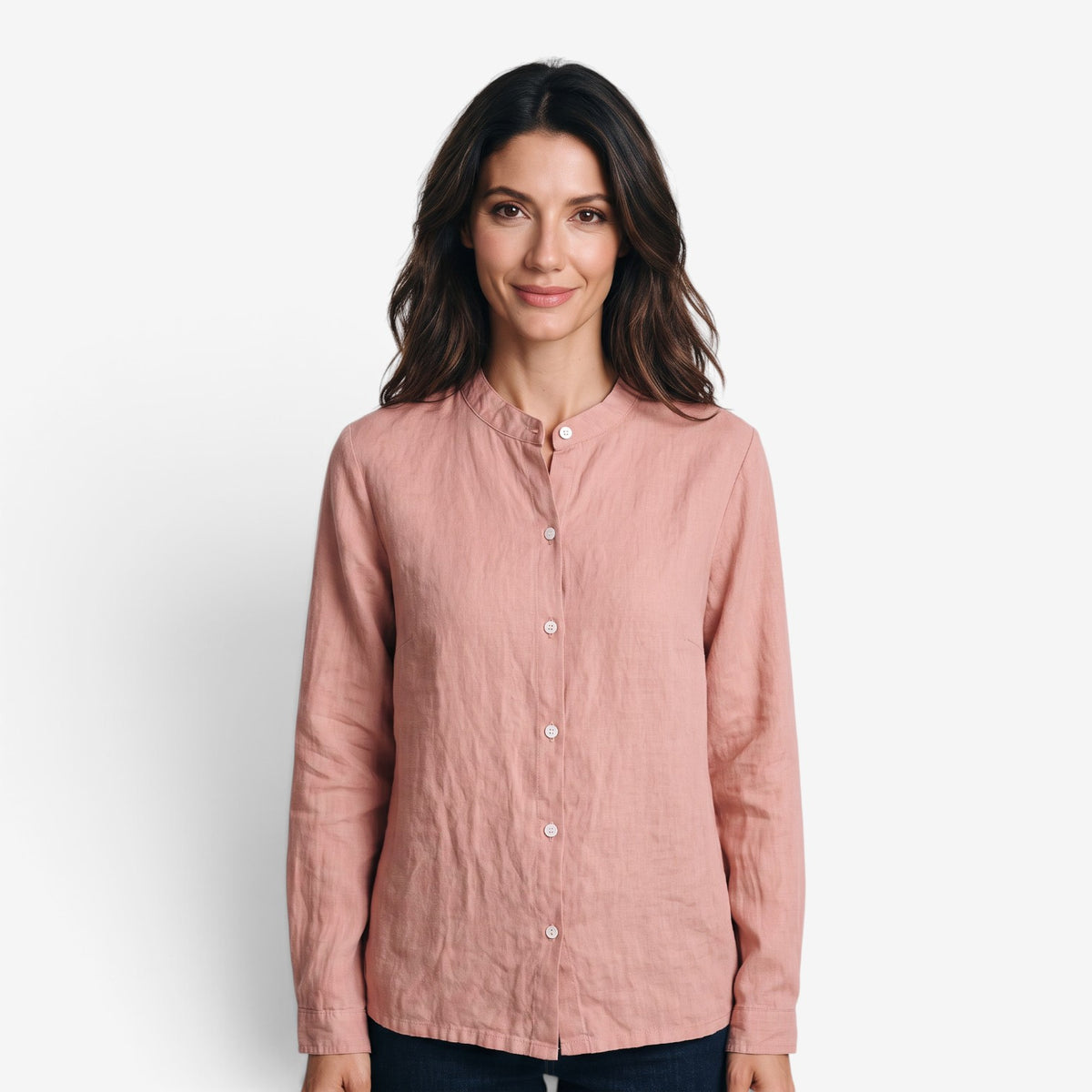 Blusa de Lino y Algodón con Cuello Mao para Mujer