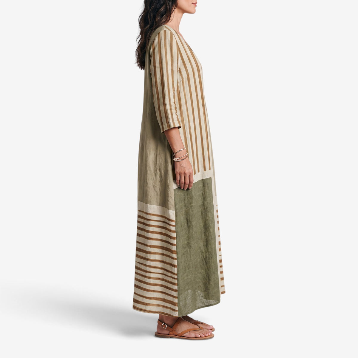 Vestido Largo de Lino con Rayas para Mujer